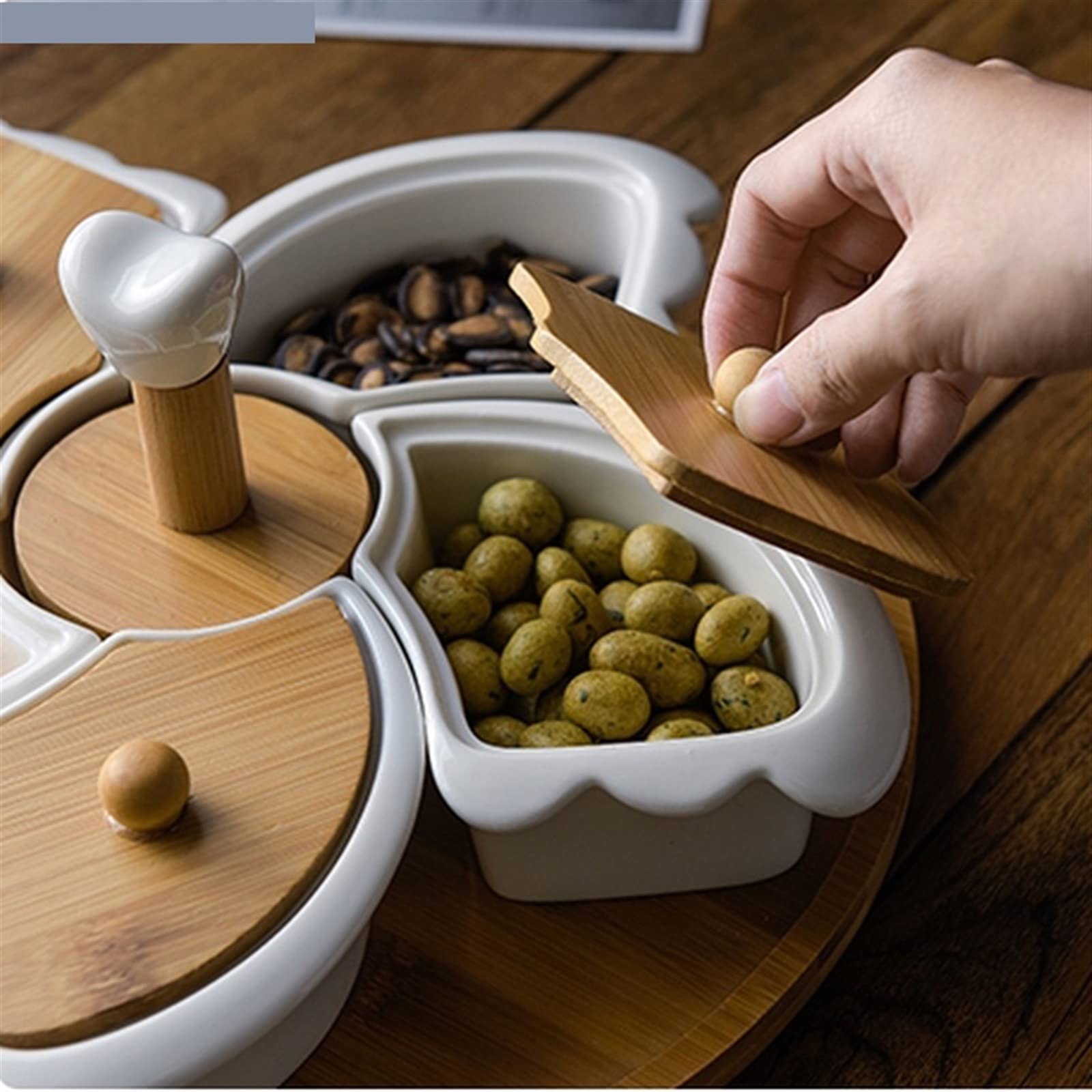 Snack-Serviertablett, weiße Keramik mit Drehteller, Obstteller mit fünf Gittern und Holzdeckel, drehbarer Snack-Nuss-Teller, Dessert-Snack-Tablett, Obstteller-Set, Vorspeisentablett (Farbe: