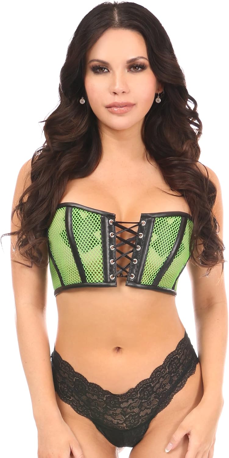 Daisy corsets Women's Lavish Neon Fishnet & Faux Leather Lace-up Short Bustier Top