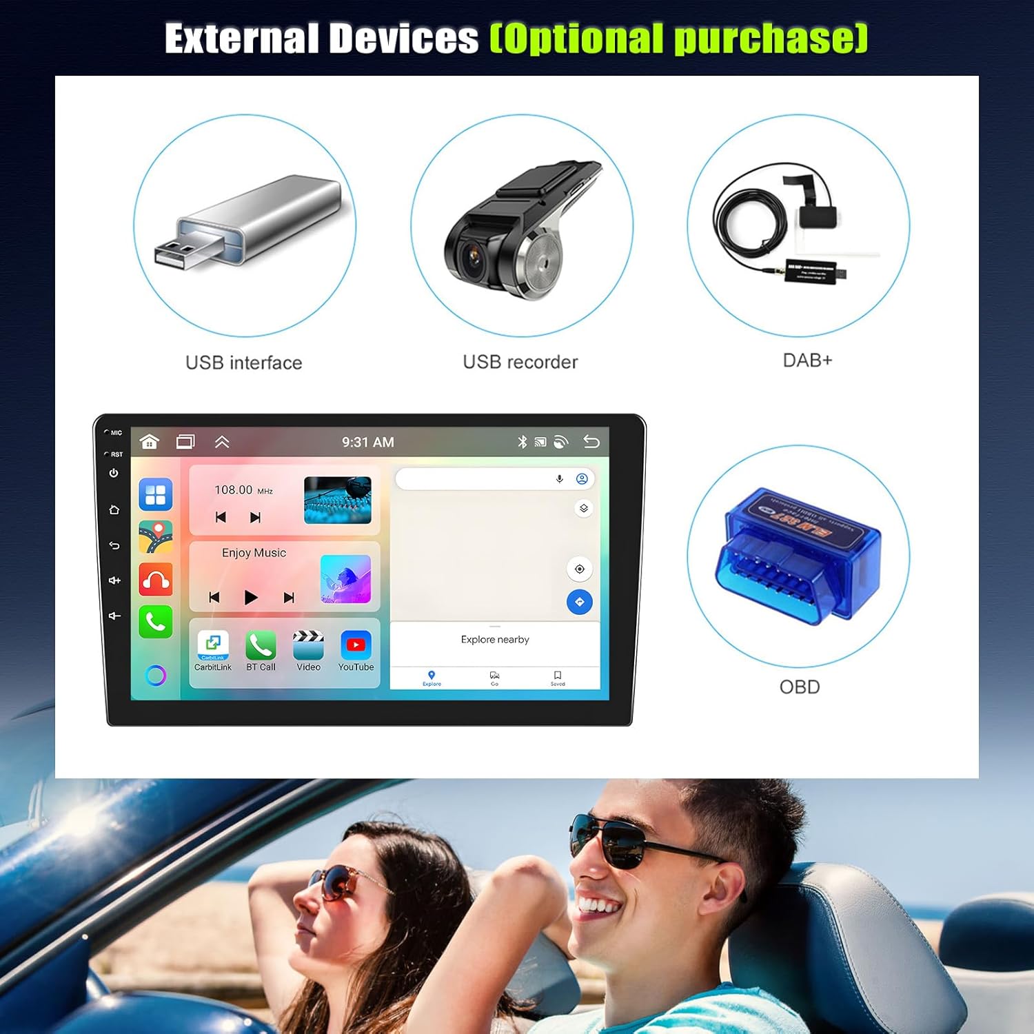 Image showing various optional external devices that can be connected to the car radio, such as USB, DVR, DAB+, and OBD.