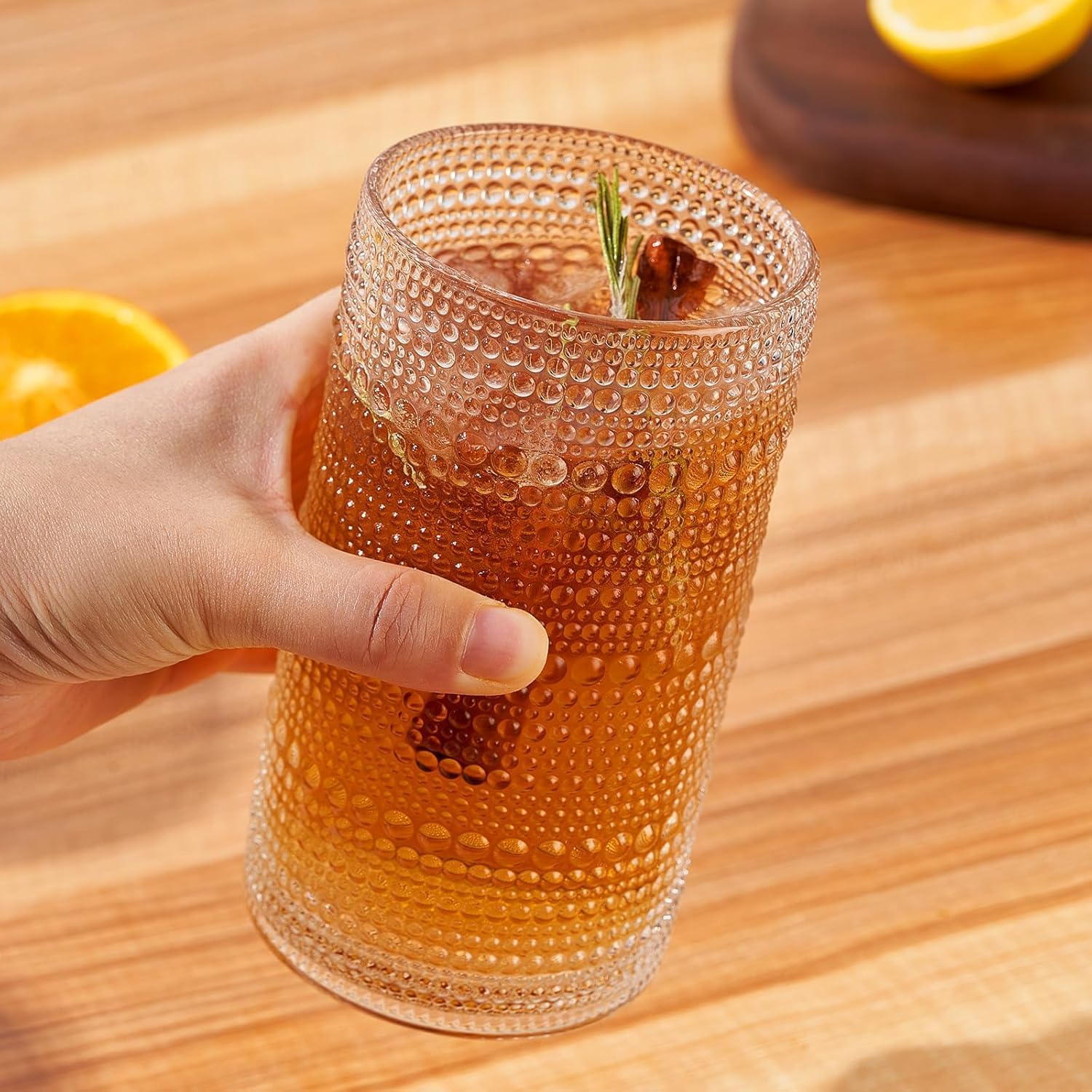 16oz Hobnail Drinking Glasses Set of 6, Vintage Large Capacity Embossed Clear Tumblers, Highball Glasses for Water, Cocktail, Beer, Whiskey, Juice & Bar Use - Image 4