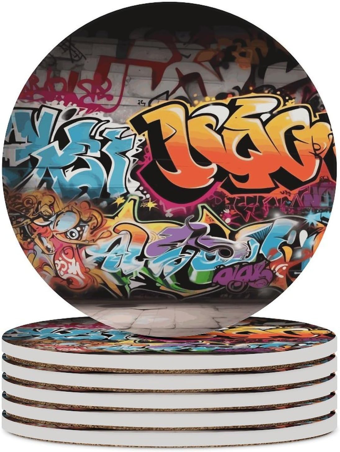 Graffiti Hip Hop Coaster with Cork Base Drink Coasters for Coffee Table Decor Modern Cup Coasters with Non-Slip & Heat-Resistant Cute Ceramic Table Coaster for Home Dining