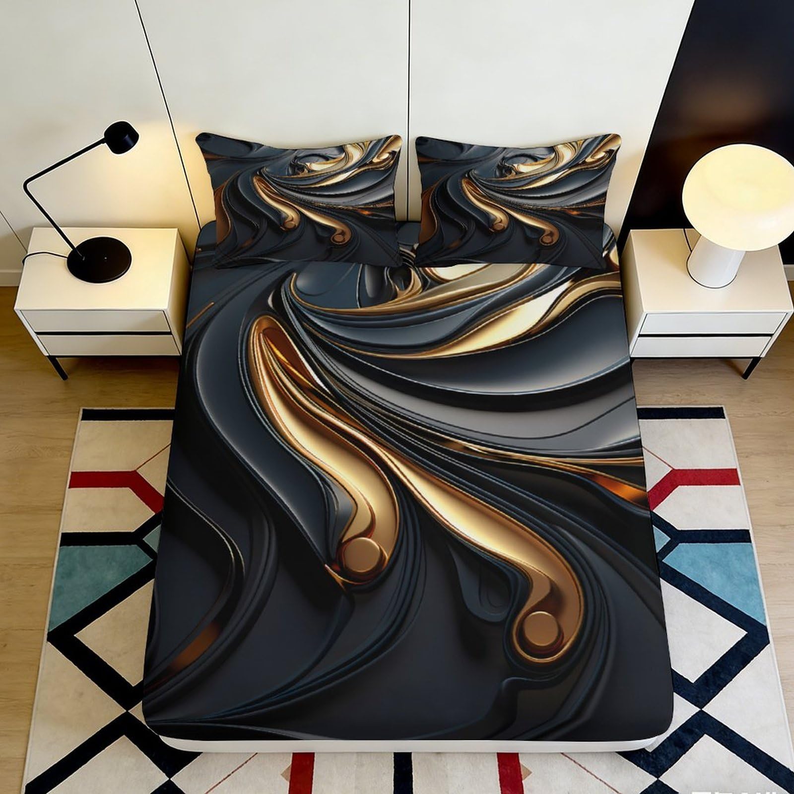 Uynsixtme Style-7 3D Printed Metallic Swirl Fitted Sheet Microfiber Deep Pocket Non-Slip Art Mattress Fitted Cover For Bedroom Bedding 200X200x25cm