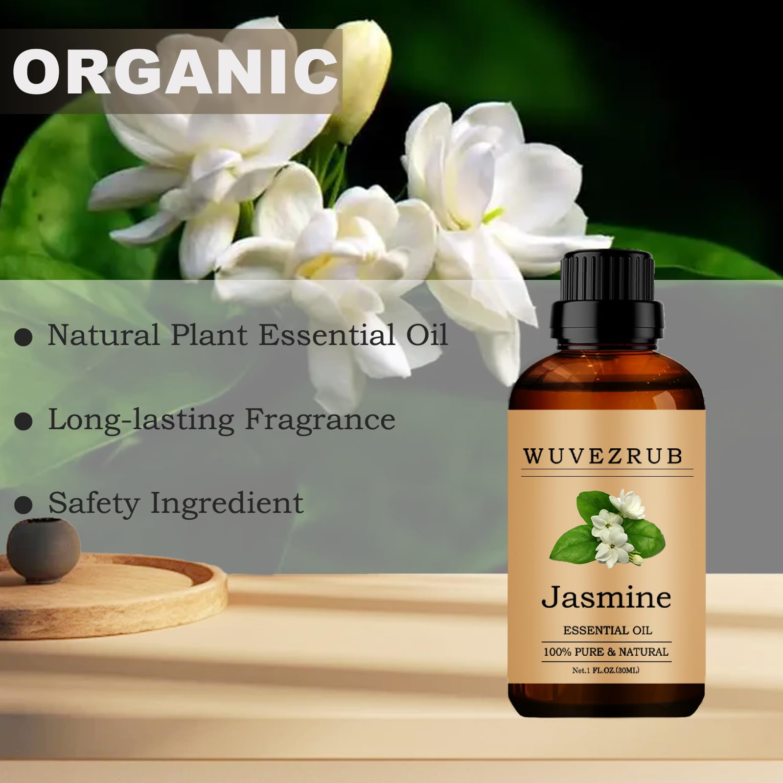 Aceites esenciales de jazmín orgánico de 30 ml, aceite esencial de jazmín puro y natural para difusor de aromaterapia, jazmín, 1 onza líquida
