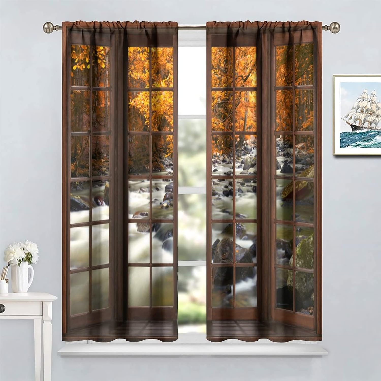 Landscape Curtains,Nature 3D Scenery View Window Treatments for Living Room,Autumn Fall Leaf Waterfall Forest Tree Nature Scape Curtain 2 Panels,42x45 Inch