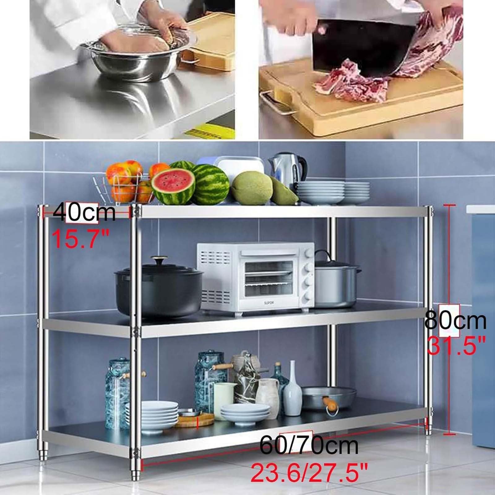 Mesa de Acero Inoxidable, Mesa de preparación Comercial Resistente de 3 Niveles, Banco de Trabajo de preparación de Alimentos, Mesa de Horno de Pizza para Cocina al Aire Libre 60x40x80cm