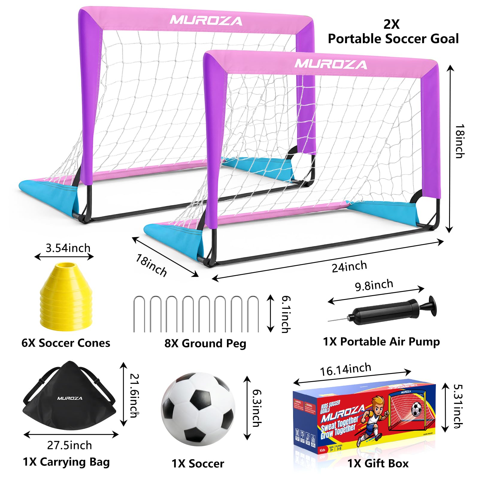 Fußballtor, Fußballtore für den Hinterhof, tragbares Pop-Up-Kinder-Fußballnetz mit Fußball, Kegeln, komplettes Trainingsgerät für Jugendliche (Rosa, Blau, Violett)