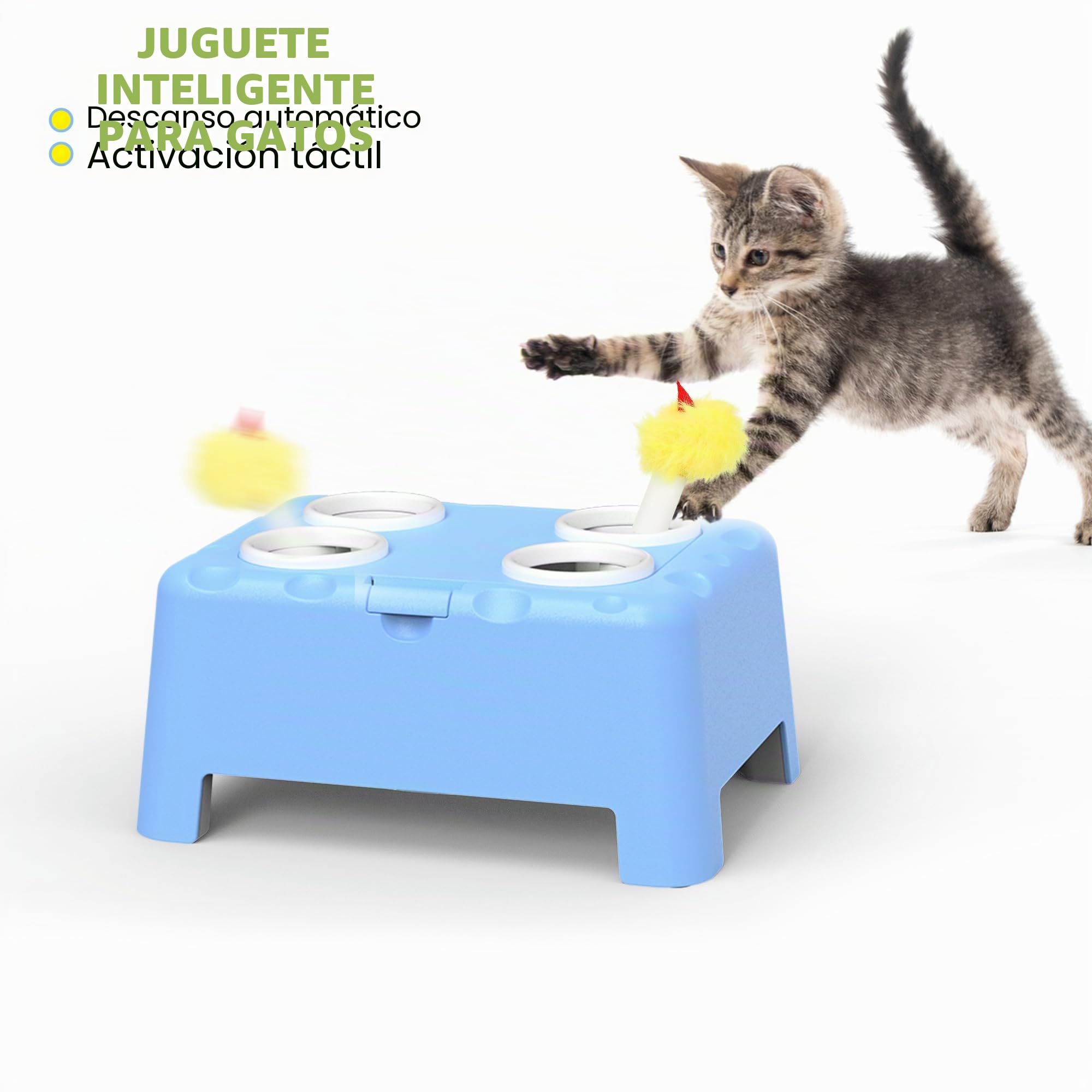 Juguetes Interactivos para Gatos, Juguete Automático 2-en-1 para Gatitos-Recargable con Pluma giratoria y ratón Escondido, Juguetes Gatos Estimulacion, San Valentín (Azul)