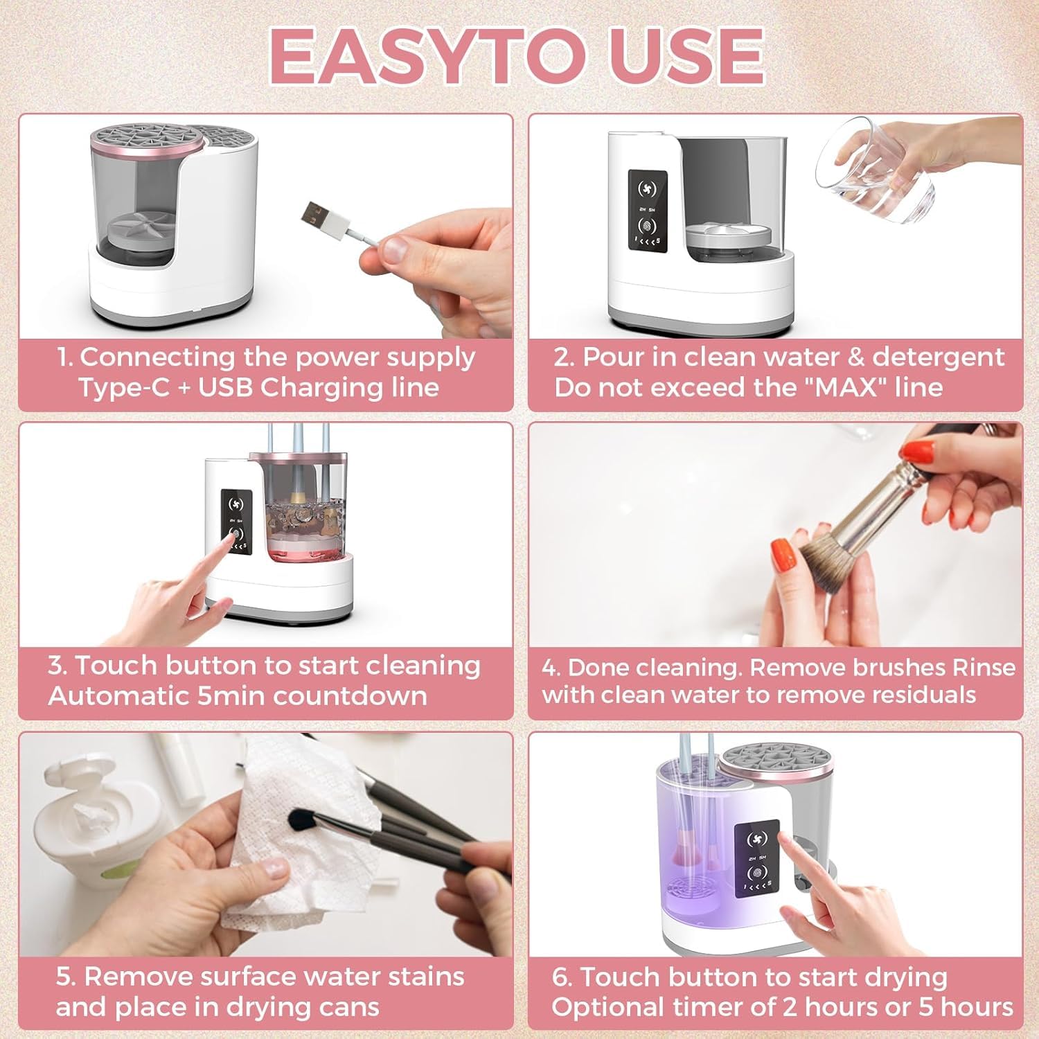 Pulisci Pennelli Make Up,Pulisci Pennelli Make Up Elettrico con Asciugatrice,Pulitore Pennelli Trucco Elettrico,3 in 1 Pulitore Pennelli Trucco Elettrico,Adatto a Tutti i Tipi di Pennelli Trucco