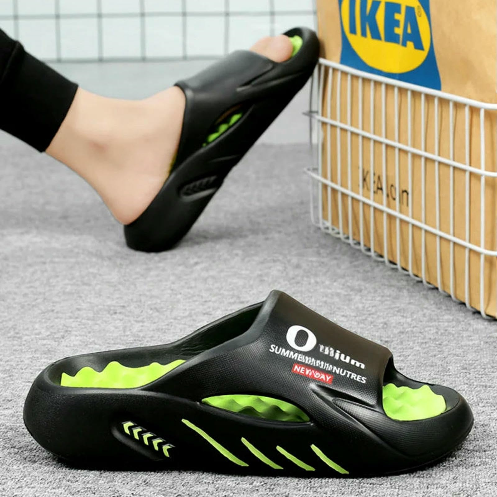 Claquette Hommes des Pantoufles Glissent Les Sandales Extérieures Intérieures Plage Chaussures Décontractées Sempes Masculines-noir-vert-44-45