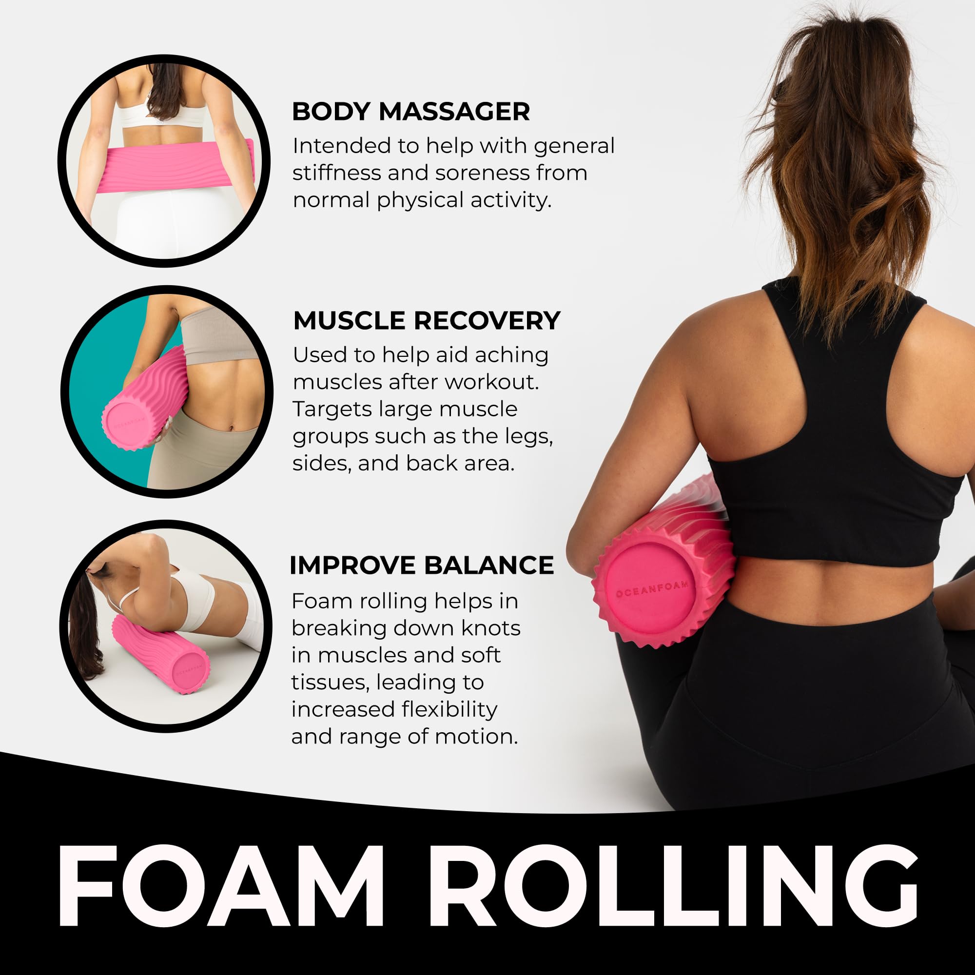 Oceanfoam Tidal Roller - Rodillo de espuma para masaje muscular para dolor de espalda y estiramiento, textura ergonómica de onda ancha, yoga, atletismo y bienestar, tamaño completo, 20 x 5 pulgadas,