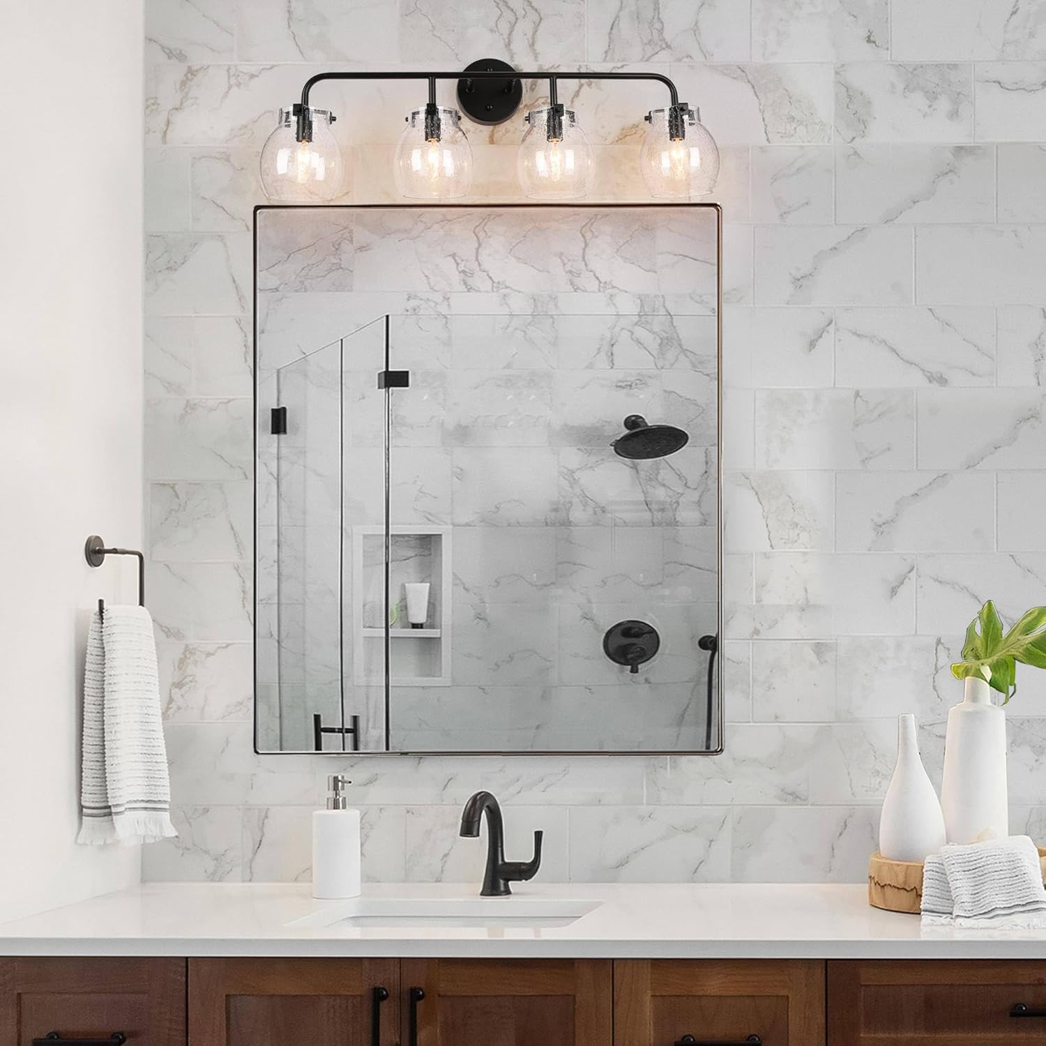 KSANA Black Bathroom Light Fixtures, 4 Light Matte Black Vanity Lights for Bathroom with Seeded Glass Globe, 29" Modern Farmhouse Bathroom Lights Over Mirror