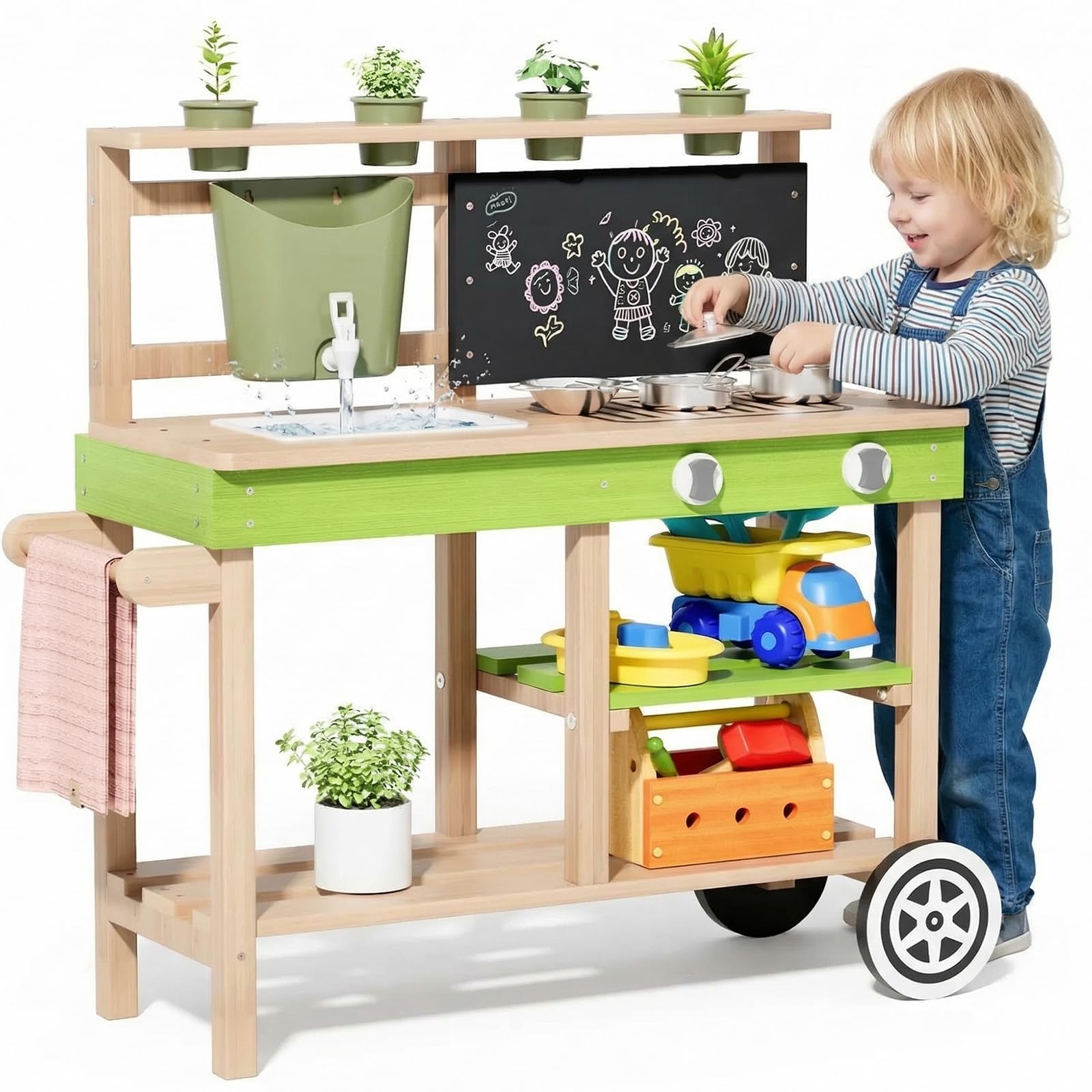 MAMIZO Cucina per Bambini da Esterno, Cucina Giocattolo in Legno con Ruote, Rubinetto Funzionante, 4PCS Vasi per Piante, Lavagna, Ripiani e Accessori Cucina, 88,5x33,5x85 cm, per Bambini +3 Anni