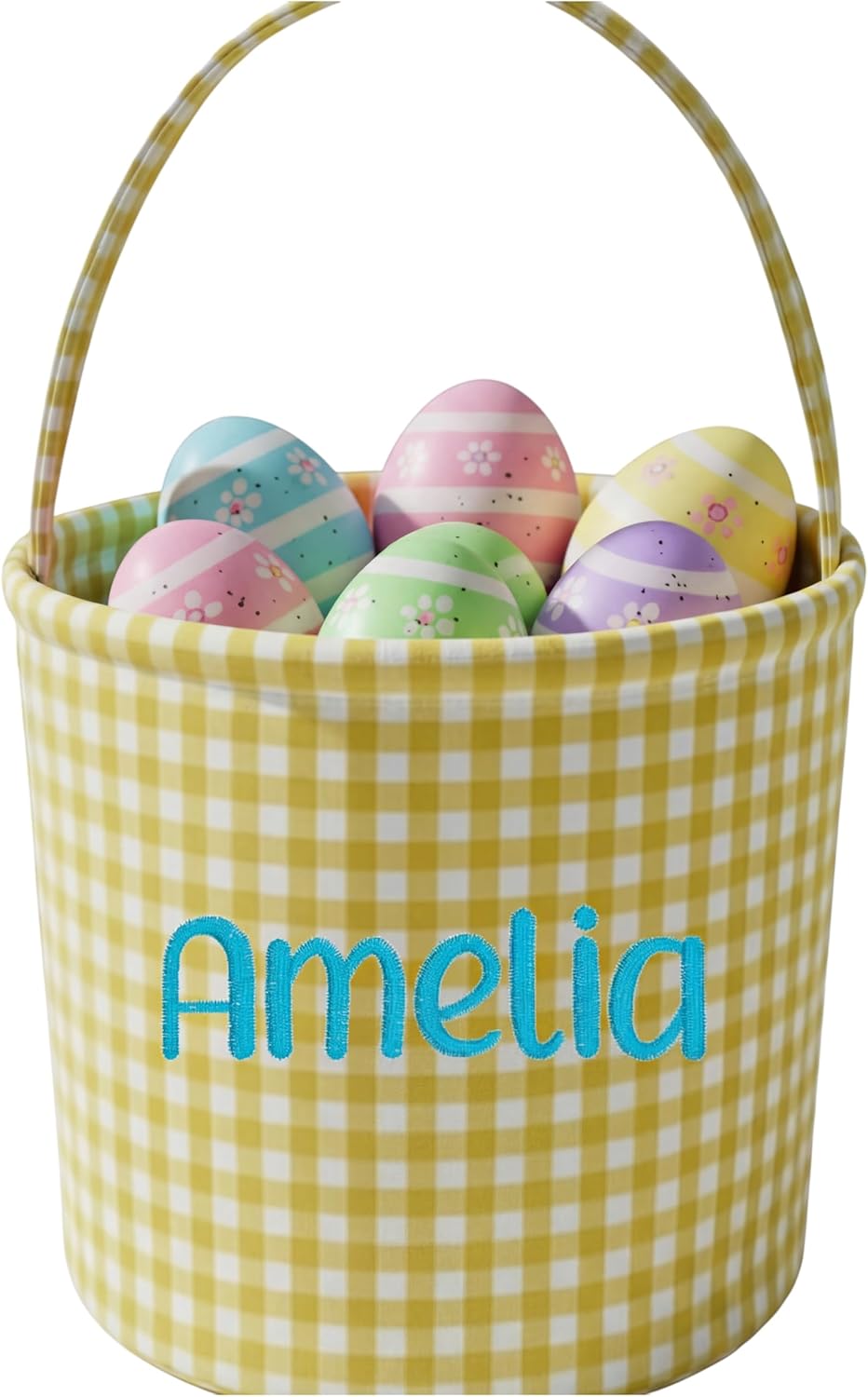 Morxy Personalized Plaid Easter Candy Basket with Embroidered Name, Custom Gingham Easter Bucket for Kids,Candy Bucket Bag