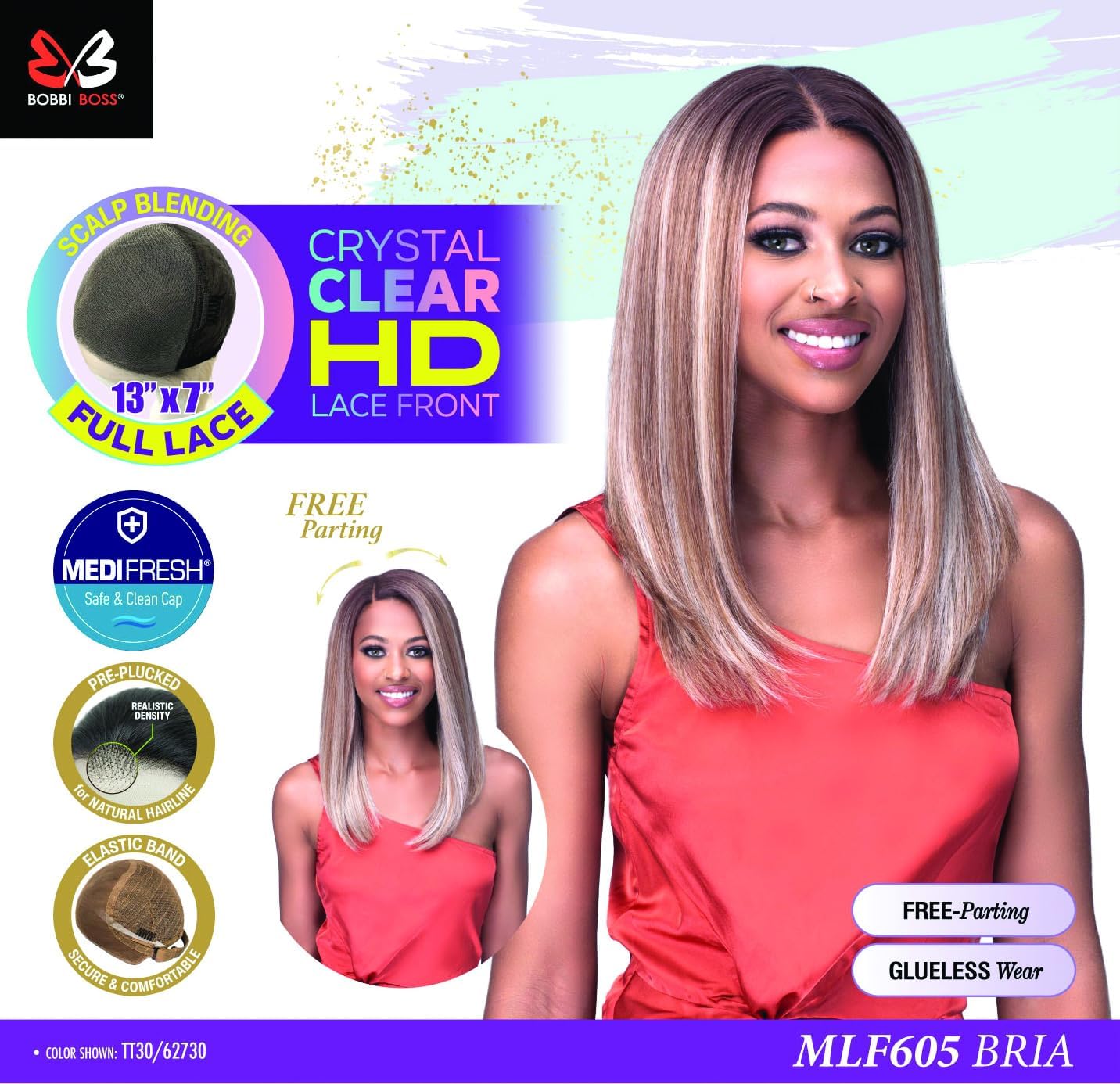 BOBBI BOSS Crystal Clear HD Lace Front Wig Glueless 13X7 Hand-Tied Full Lace MLF605 Bria (1 Jet Black)