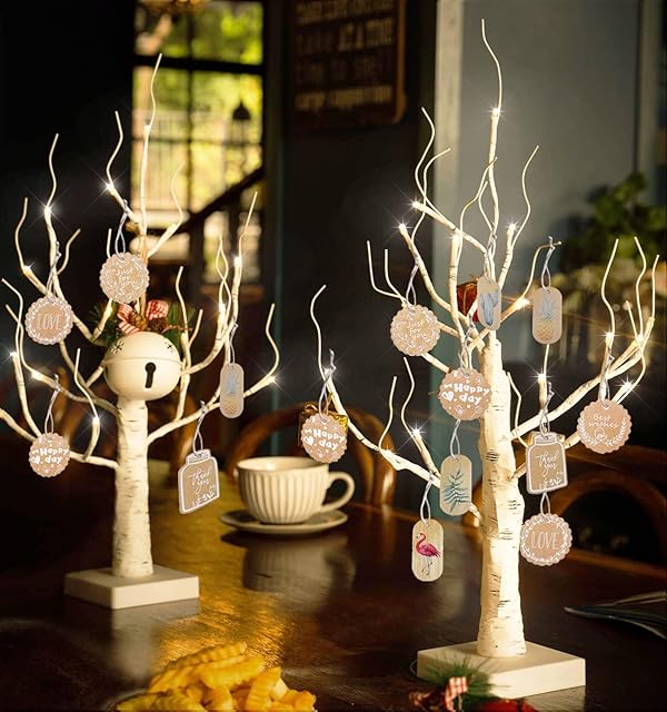 ZHOUDUIDUI Easter Tree with Lights,Set of 2 Birch Twig Tree White Christmas Tree Lights 18IN with 20 Display Cards Battery Operated Timer Tabletop Decor for Home Party Wedding Christmas Easter Decor
