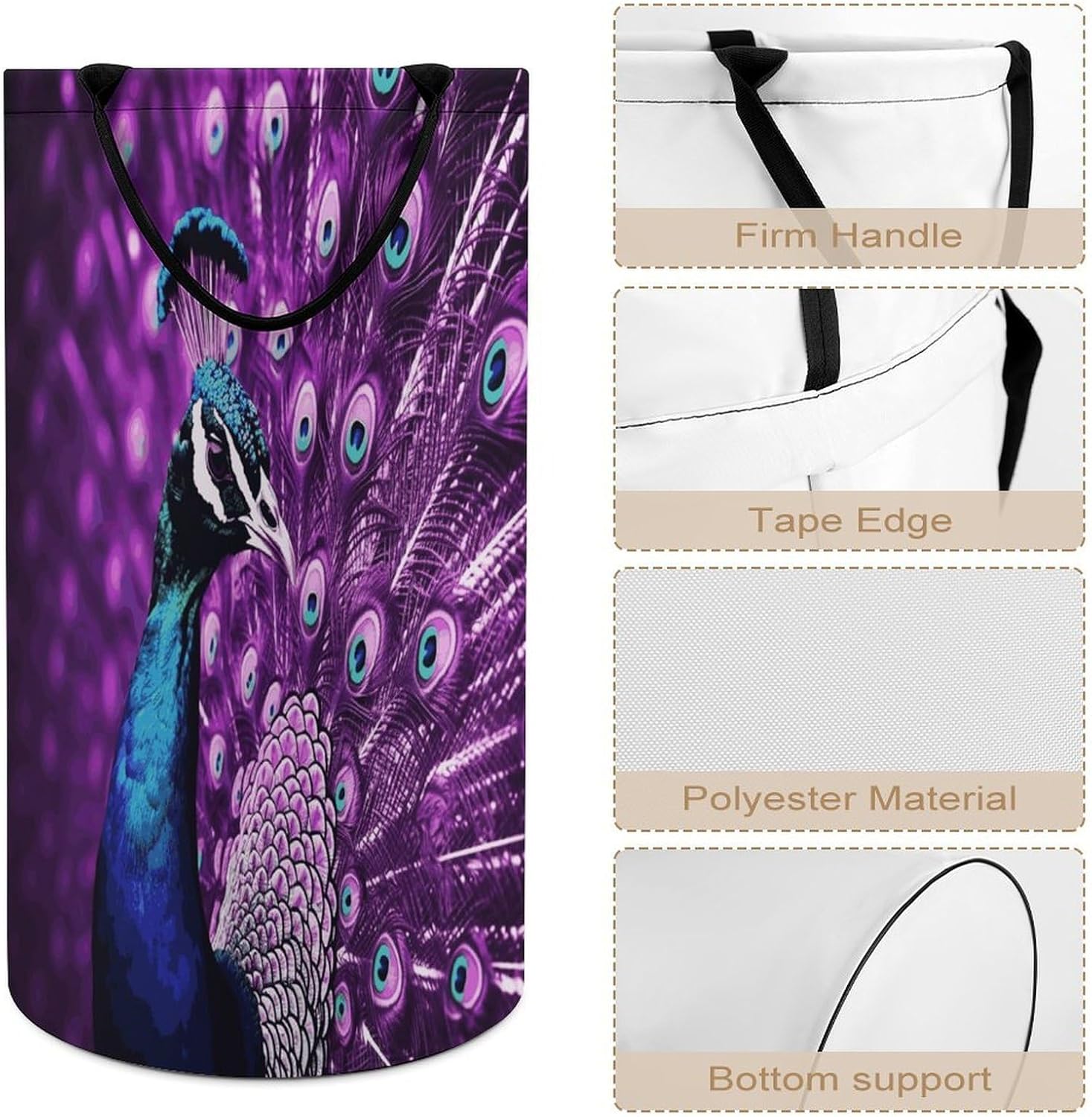 Purple PeacockLaundry Hamper - Large Dirty Clothes Bag.Storage Basket for Easy Carry Handles. Large Clothes Basket with Handles, Clothing Storage Bucket Toy Organizer for Bathroom Bedroom Dorm.