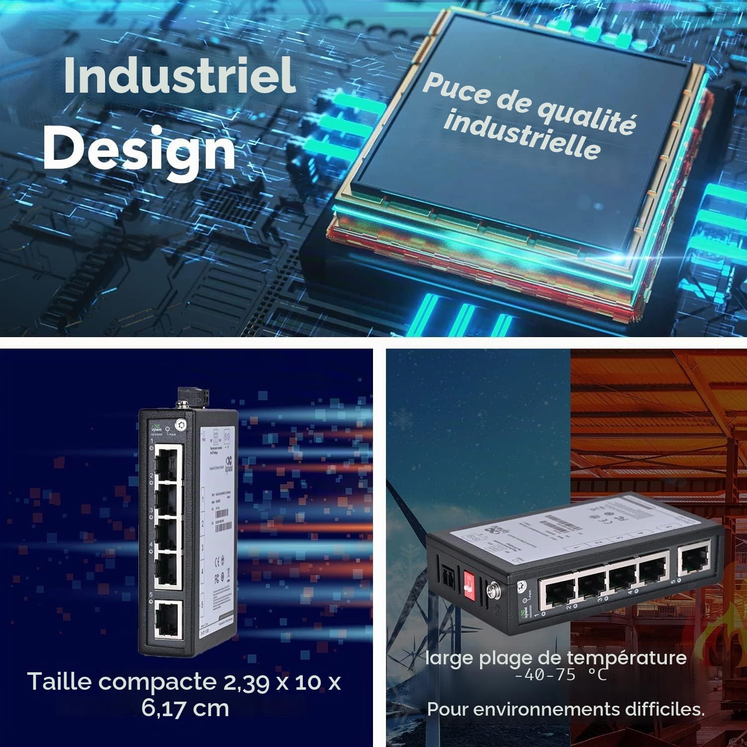 InHand Networks ISE2005D Switch Ethernet Industriel 5 Ports 10/100 Mbps, Commutateur Réseau Non Géré pour Rail DIN, Ultra-Compact, -40°C à +75°C, Certifié CE/UL (Bornier Inclus)