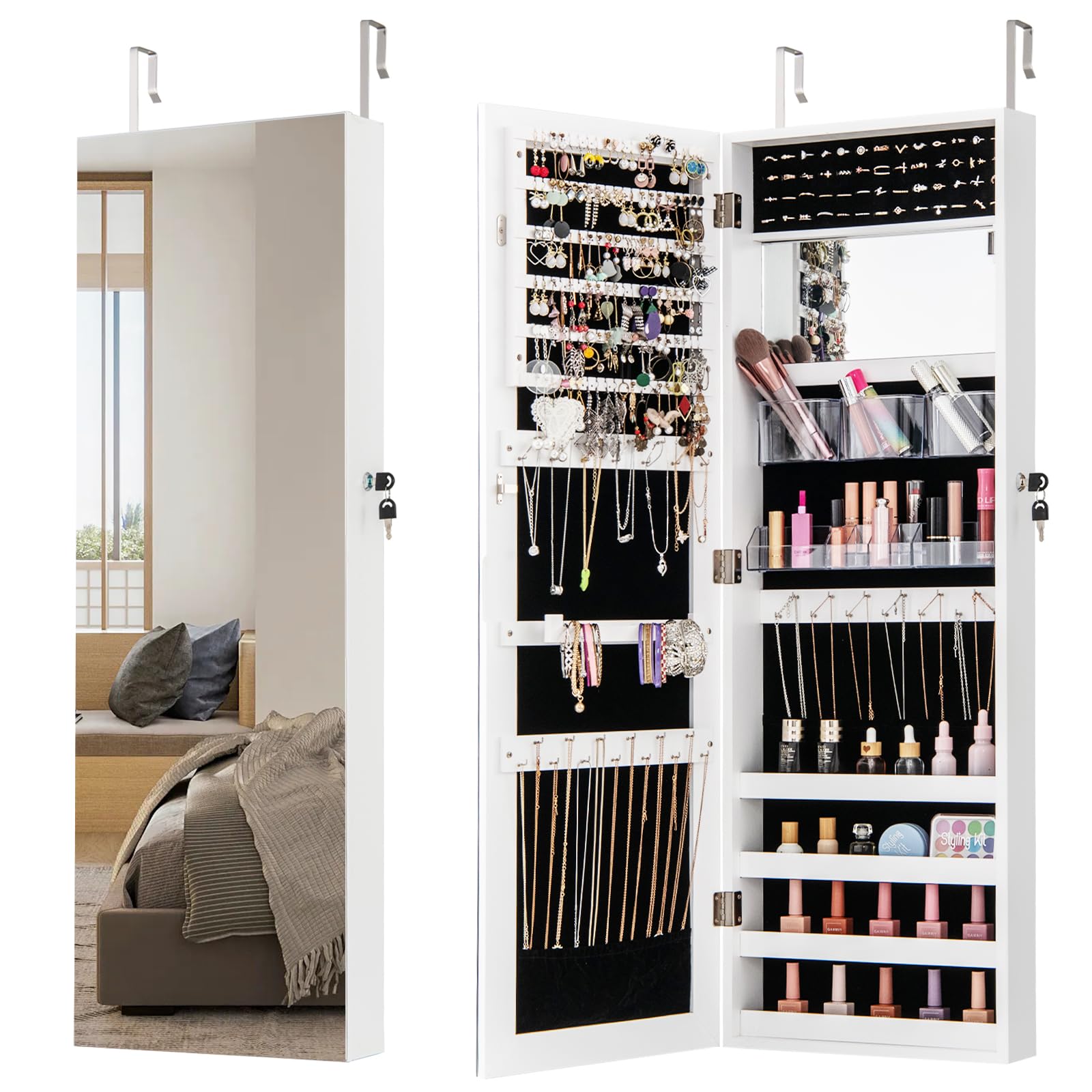 COSTWAY Espejo Joyero de Pared, Armario para Joyas con Espejo de Cuerpo Completo, Armario Joyero con Espejo Interior de Maquillaje para Dormitorio y Salon (Blanco)