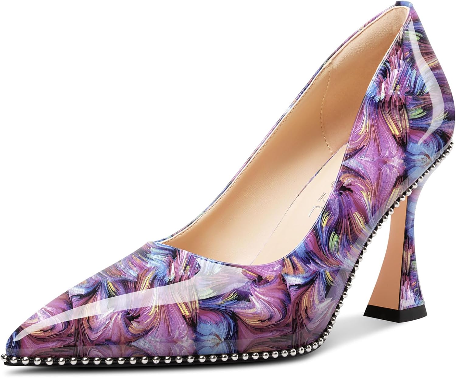 Aachcol Womens Stiletto Pumps Pointed Toe Patent Leather Kitten Heel Slip-on Beaded Party Dress Shoes