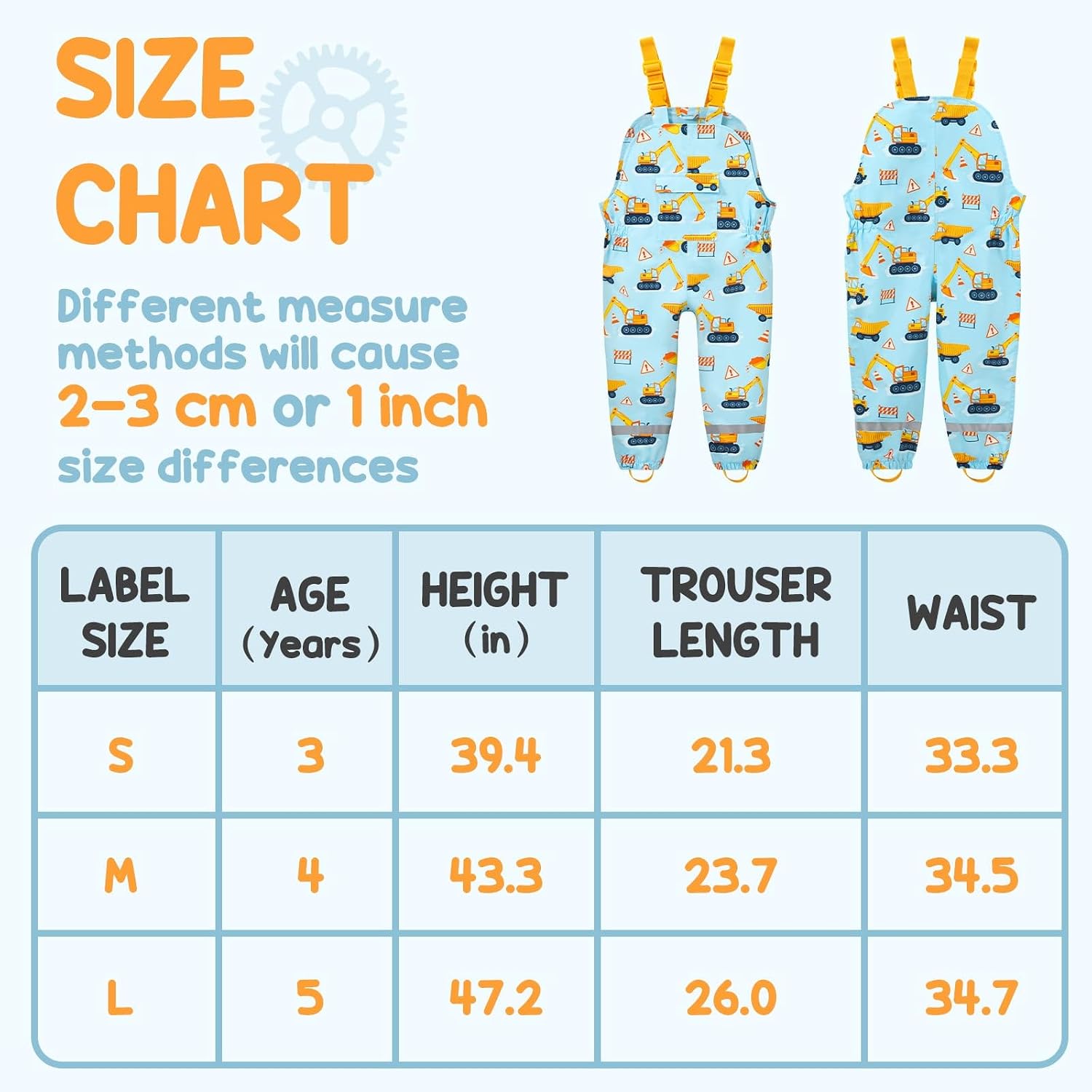 WAWSAM Kids Toddler Rain Bib Pants Waterproof Overalls for Boys Girls
