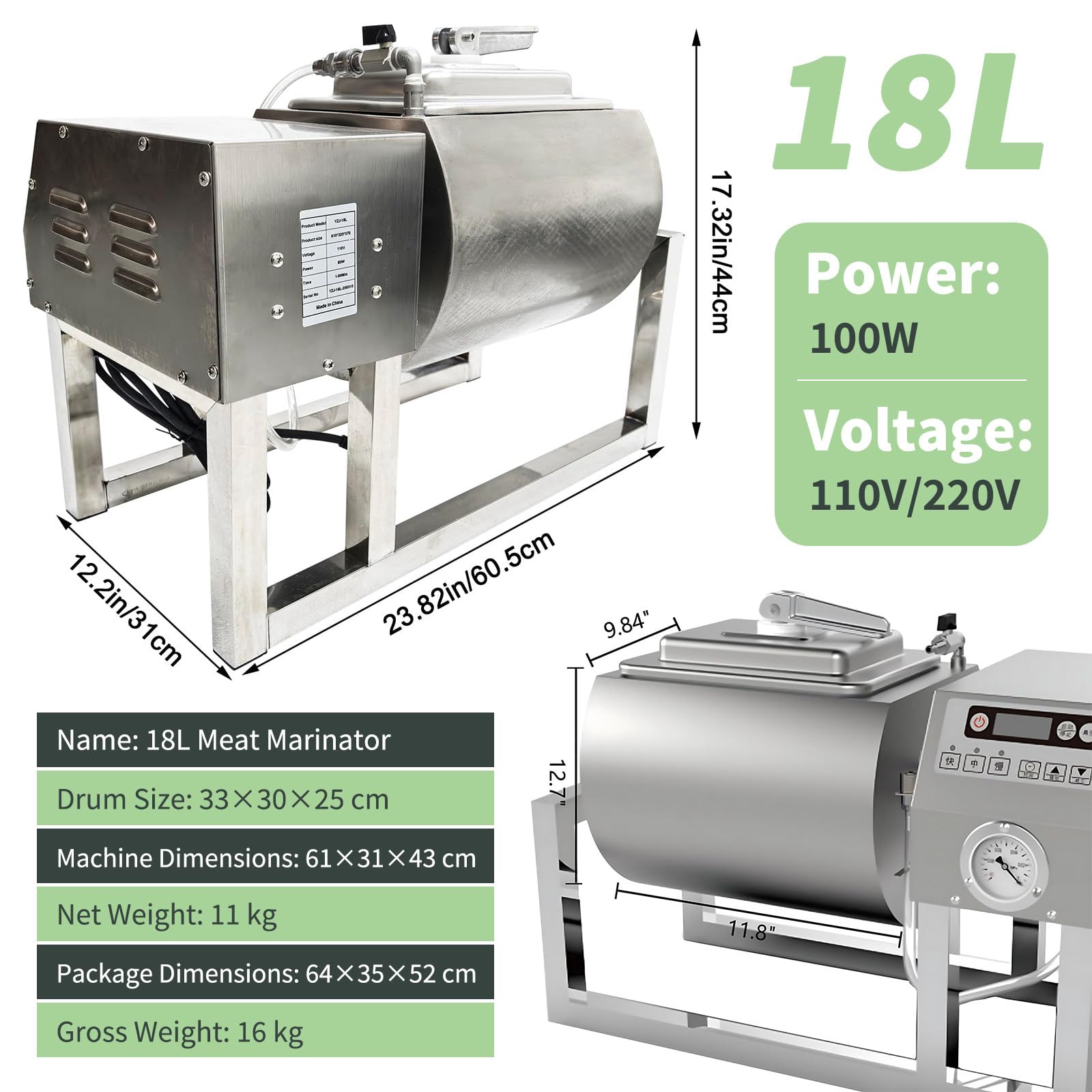 Marinador al vacío para Carne, Aves y mariscos, marinador eléctrico Comercial de 18 litros, Cuerpo de Acero Inoxidable, con 3 velocidades y Temporizador, ablandador de Carne