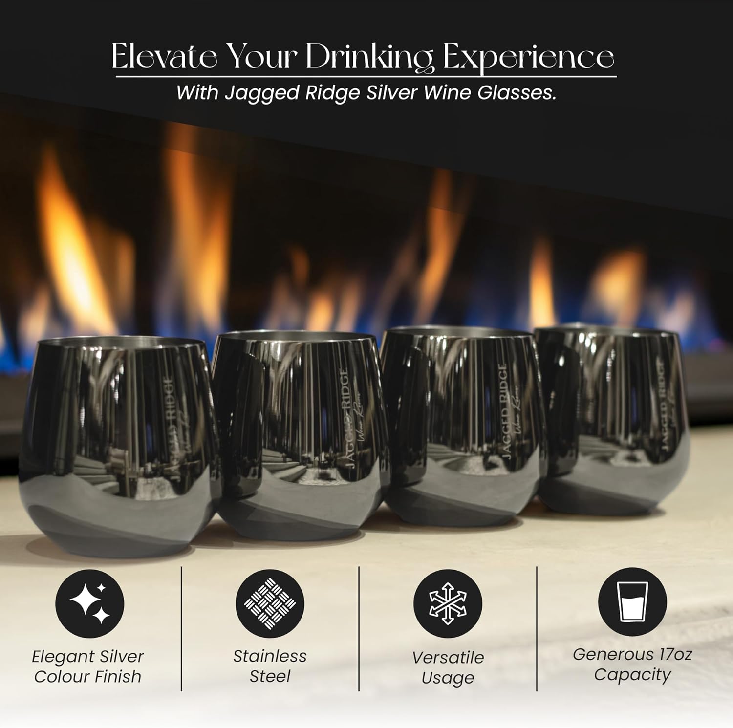 Silver Steel Stemless Wine Glass (Handwash Only) - Stainless Steel Glasses for Parties, Picnics & Special Occasions - Crafted for All Wine Enthusiasts - Set of 4 (Silver)