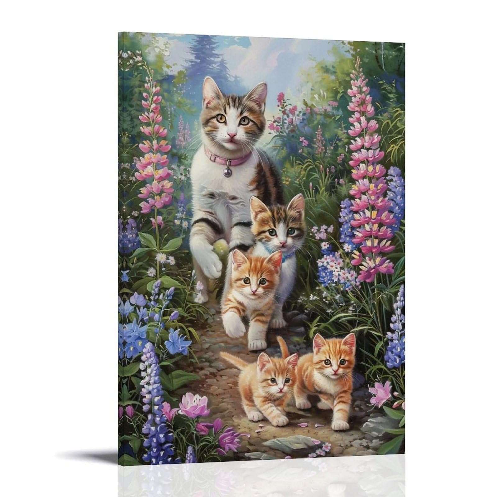 WHOUHJYE Forest Cat Family 01 Poster Wall Art Canvas Vintage Aesthetic Painting Decor for Rooms 24x36inch Frame-style