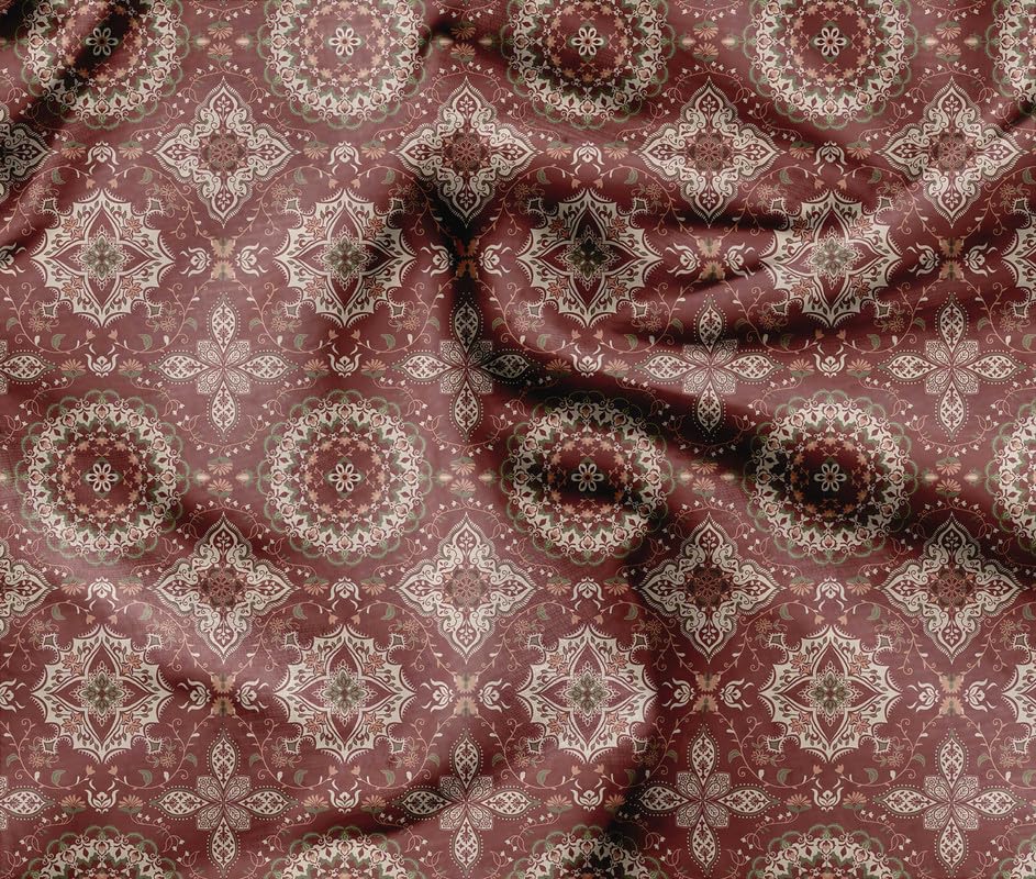 Soimoi Silky Satin Fabric Material, 1 Meter - 42" Inch Width, Red - Mandala Print - Soft Shiny Fabric for Dress, Pillowcases, Pajamas, Evening Dress, DIY