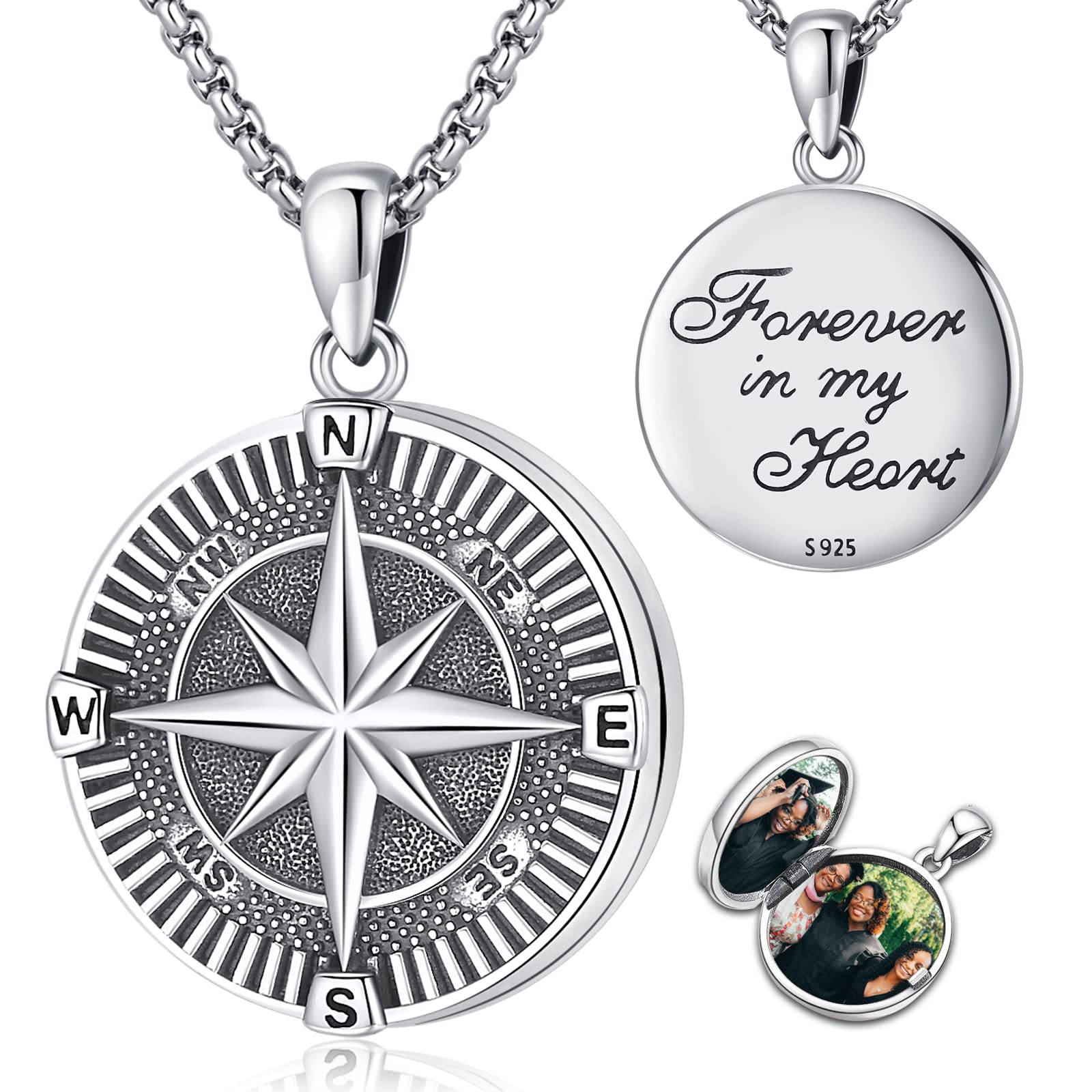 Eusense 925 Sterling Silber Kompass Halskette Kompass Anhänger Kette Geschenke Zum Vatertag Abschluss Geschenk Schmuck für Herren Damen