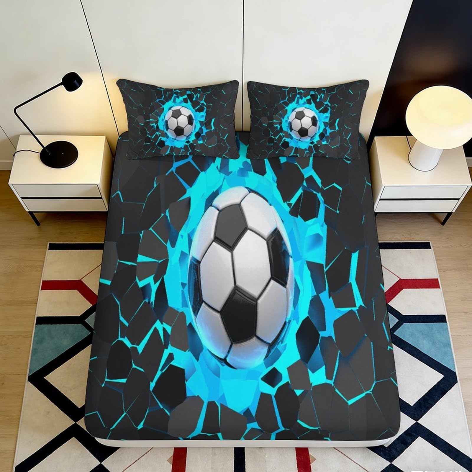 3D Printed Blue Soccer Explosion Fitted Sheet Microfiber Soft Black Football Mattress Cover for Bedroom Guest Room 90x200x25cm