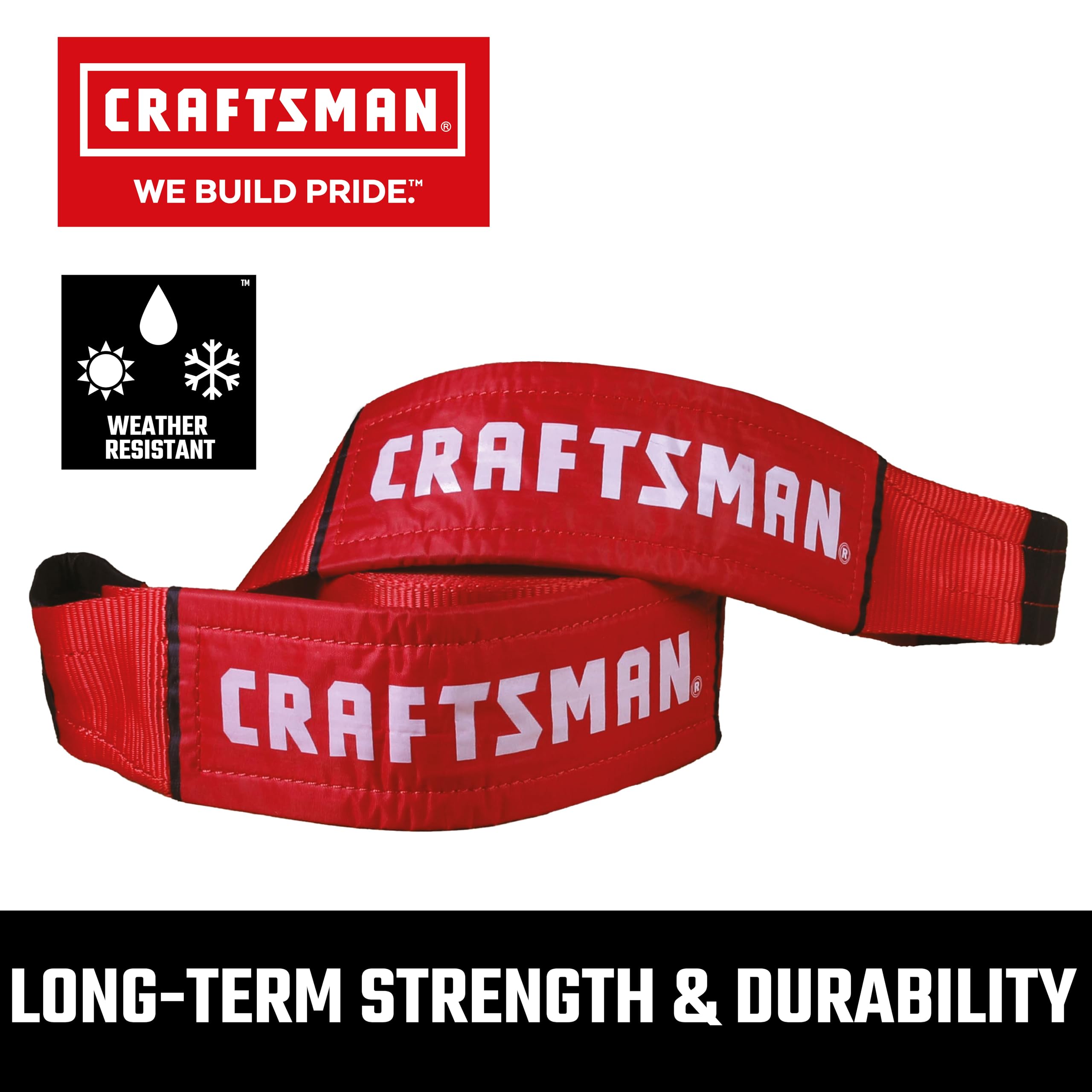 CRAFTSMAN CMXAZBS2003 - Cinghia di traino resistente per recupero, con estremità ad anello, carico sicuro da 3 kg, resistenza alla rottura, 9 kg, colore: Nero/Rosso