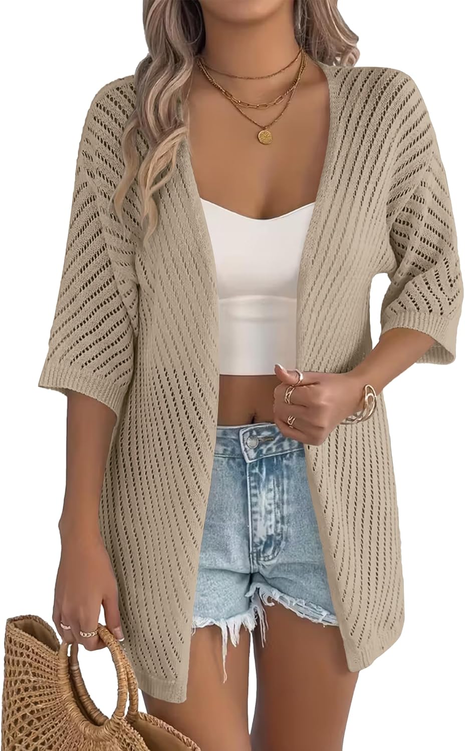 Zeagoo Lightweight Summer Cardigan for Women Short Sleeve V Neck Crochet Kimonos Loose Open Front Hollow Out Cover Ups