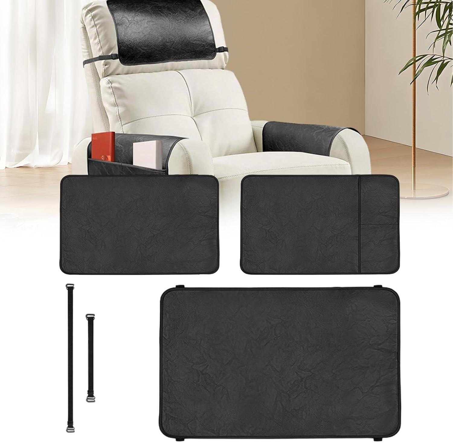 Furniture Headrest Protector Cover, 3-Pieces Artificial Leather Recliner Slipcovers, Non-Slip Design, Side Storage Pocket, Armchair Protection