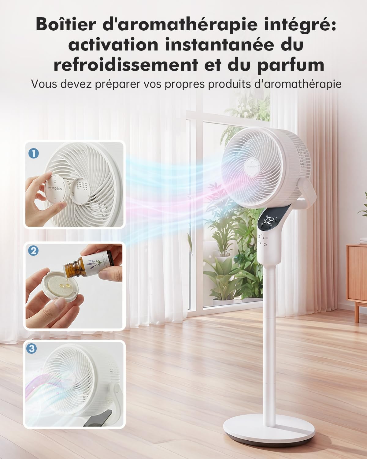 WOWDSGN 2026 Ventilateur sur pied, 22dB Ventilateur Silencieux, Vitesse du Vent 7.2 m/s, Oscillation 70°+80°, 8 Vitesses de Vent, 3 Modes, Avec Fonction Minuterie et Hauteur Réglable (Blanc)