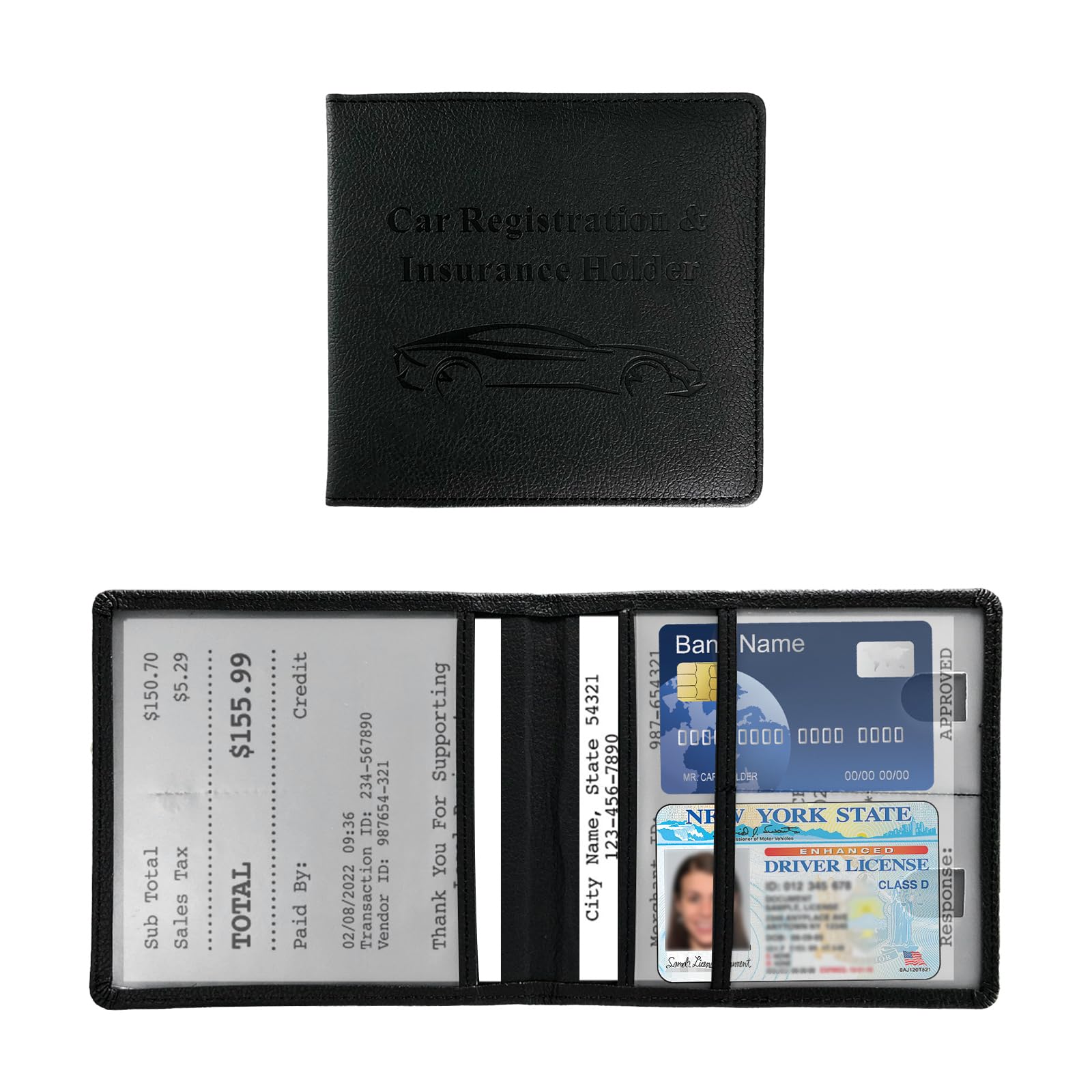 Dickno Car Registration and Insurance Holder, 5.51" × 5.11" Premium Leather Vehicle Glove Box Organizer with Magnetic Closure, Auto Document Holder for Cards Paperwork and Drive License (Black-B)