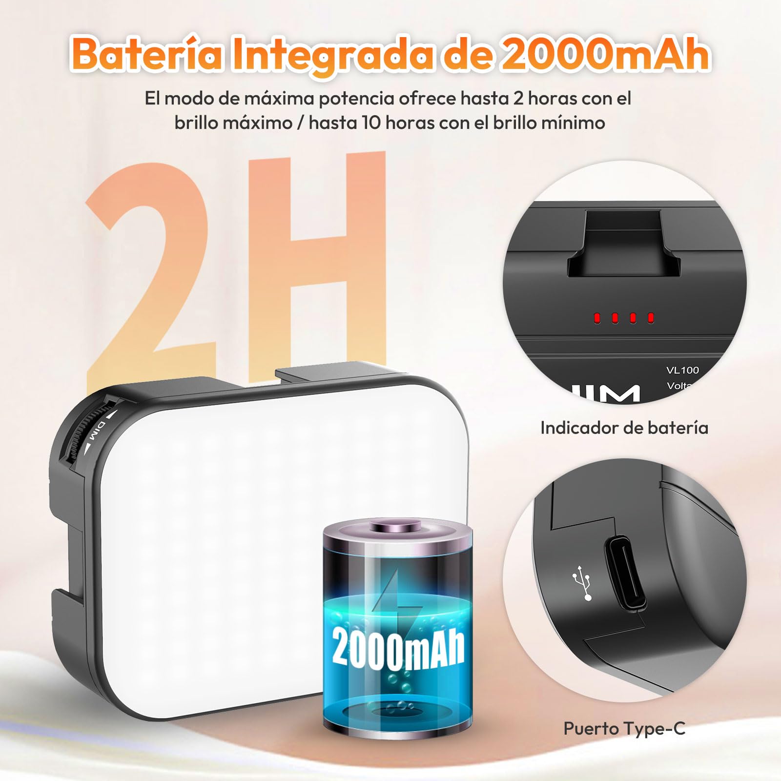 ULANZI VL100X Luz Selfie con Clip, Luz LED de Vídeo con Batería 2000mAh, Luz de Cámara Regulable 2500-6500K, CRI 95+, 3 Modos de Luz, Mini Luz de Vídeo para Teléfono Móvil, Tablet