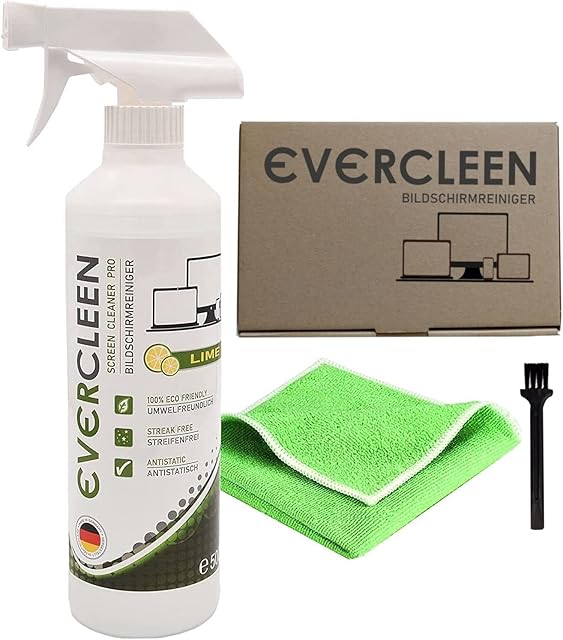 EVERCLEEN Screen Cleaner Pro Screen Cleaner 500ml + ściereczka z mikrofibry. Przyjazny dla środowiska i wegański środek czyszczący "Made in Germany" dla TV PC Laptop Tablet Wyświetlacze Smartfony.