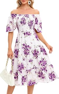 Womens Casual Floral Summer Smocked Beach Party Boho Midi Square Neck Dress