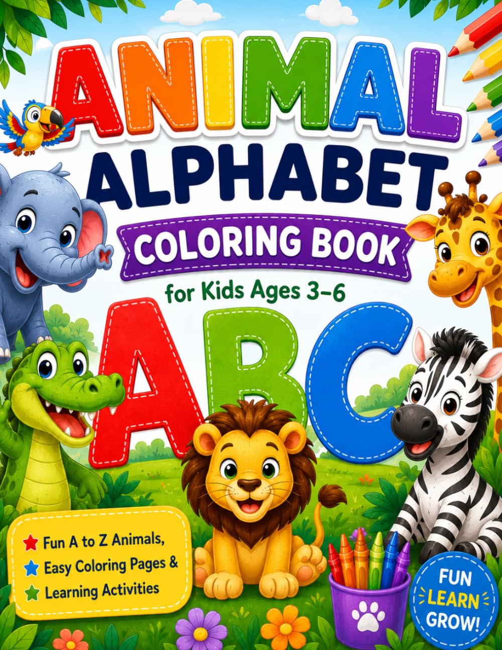 Animal Alphabet Coloring Book for Kids Ages 3–6: Fun A to Z Animals, Easy Coloring Pages & Learning Activities