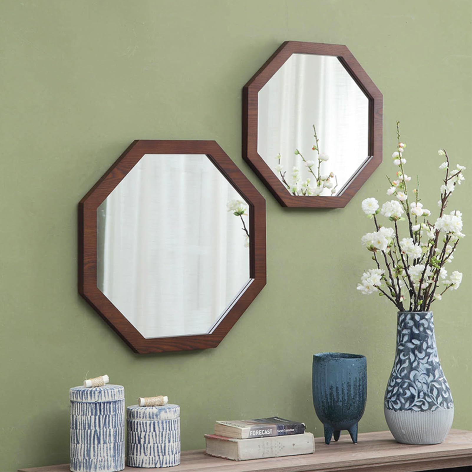 Achteckiger Wandspiegel Walnuss, Kleiderholz -Holzrahmen für Waschtisch und Rasur, Elegantes Dekorbad Wohnzimmer Walnut,40cm