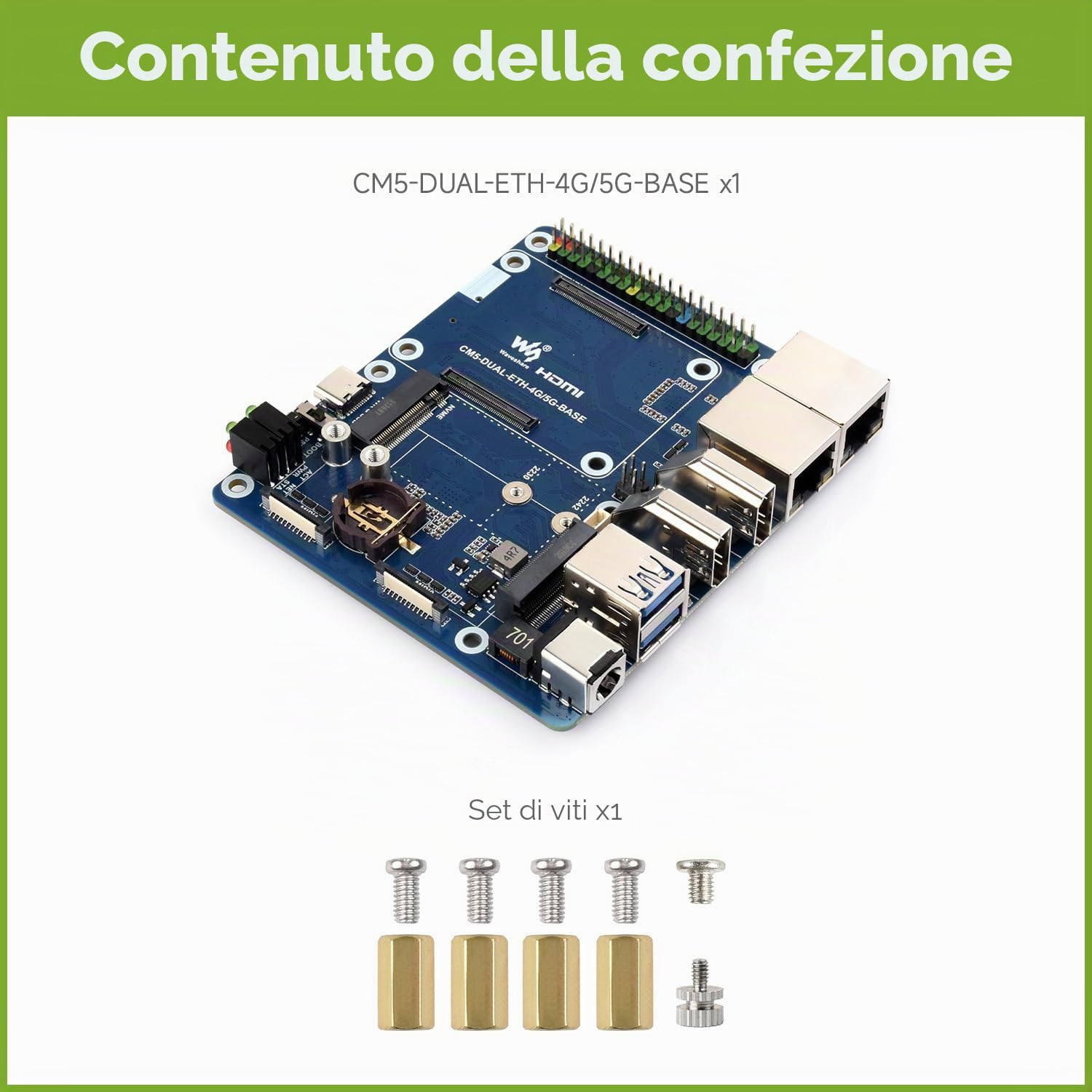 Waveshare Dual Ethernet Base Board, Compatible with Raspberry Pi CM5, Supports 4G/5G, Dual 4K Display Outputs, Dual MIPI Interfaces, 40PIN GPIO Header, Dual USB 3.2 Gen1 Ports, PoE Module Support