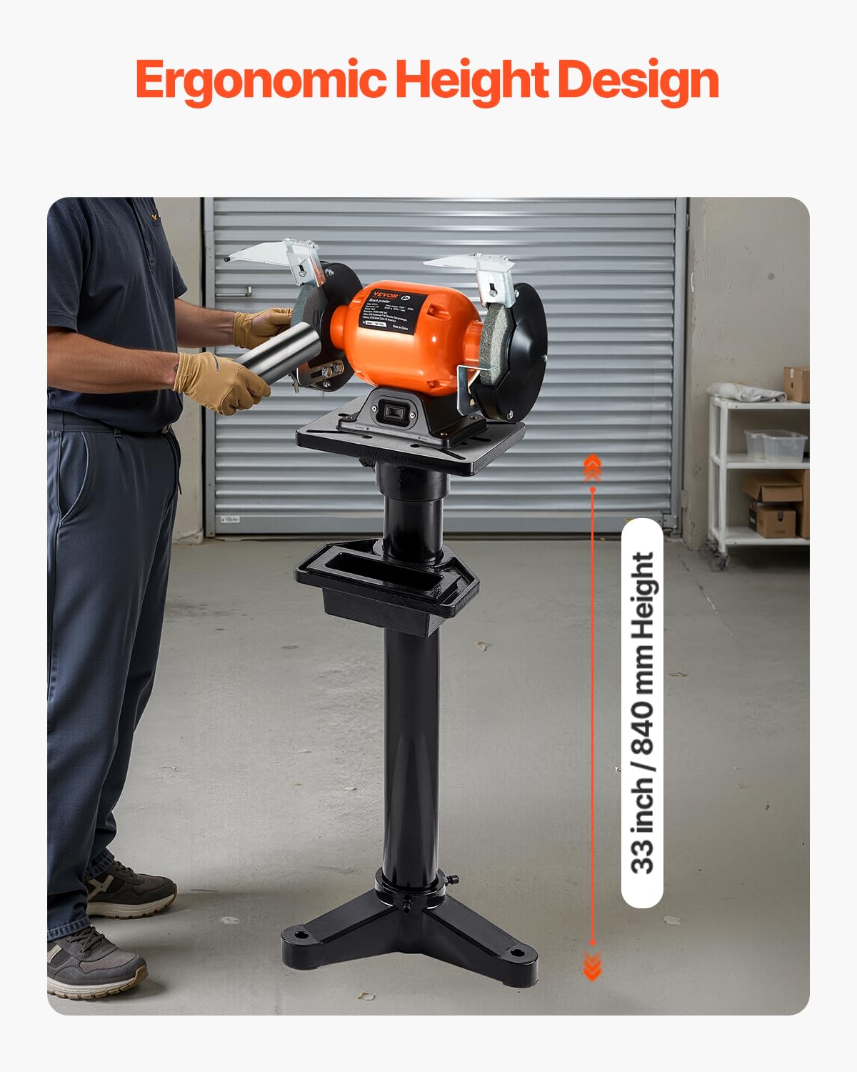 VEVOR Soporte para Amoladora de Banco, Pedestal de Suelo Resistente con Tornillo de Banco y Placa de Montaje 27 x 27 cm, Ranuras de Montaje Precortadas y Depósito de Agua, 370 x 370 x 840 mm