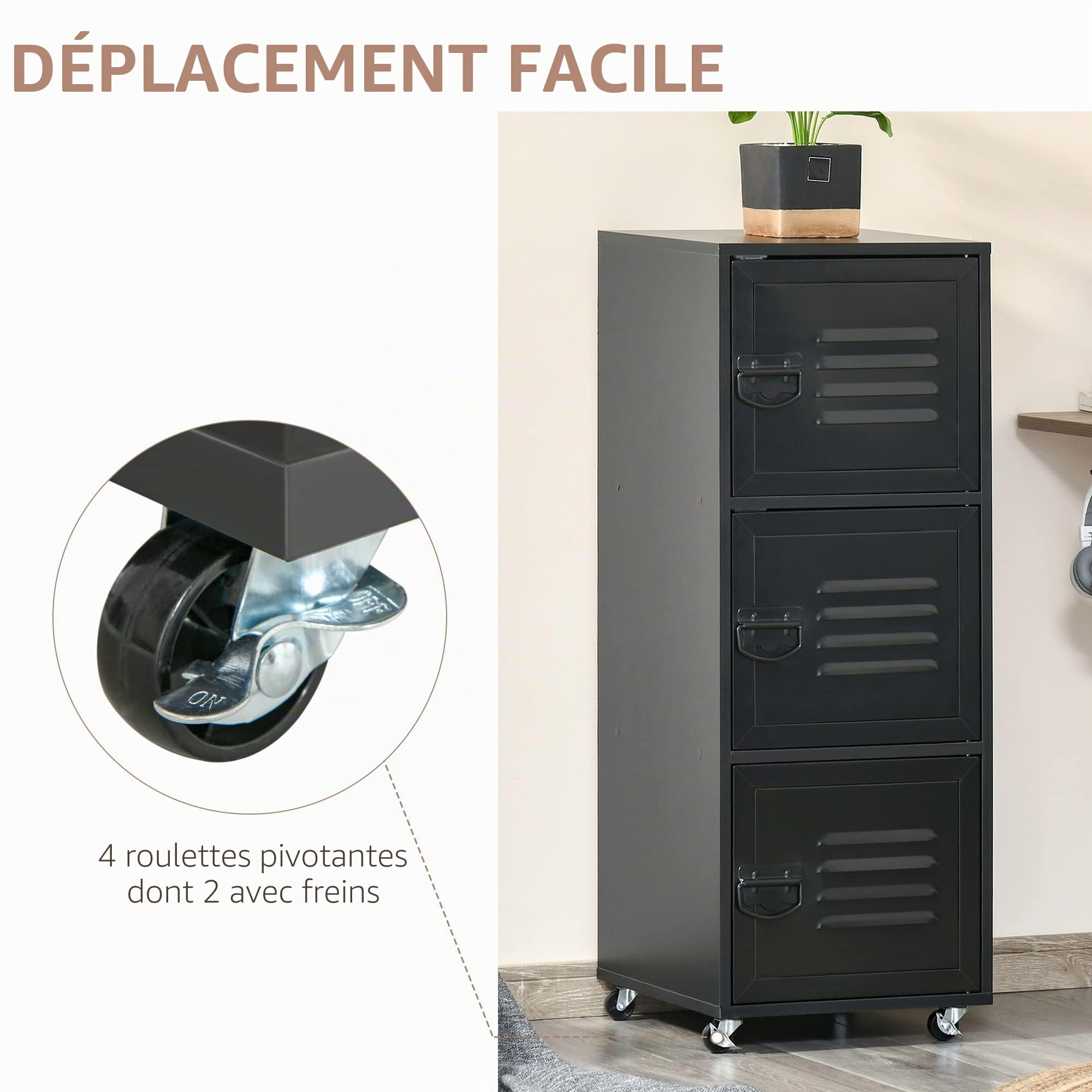 HOMCOM Armoire de Rangement à roulettes à 3 Niveaux avec roulettes et Portes en métal pour Bureau à Domicile, Salon, Noir