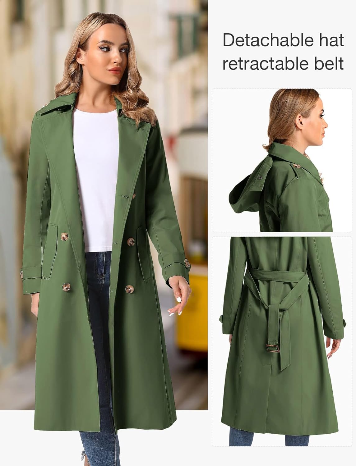 Women's Waterproof Long Trench Coat Double Breasted Length Classic Lapel Belt Coat With Removable Hood - Image 3