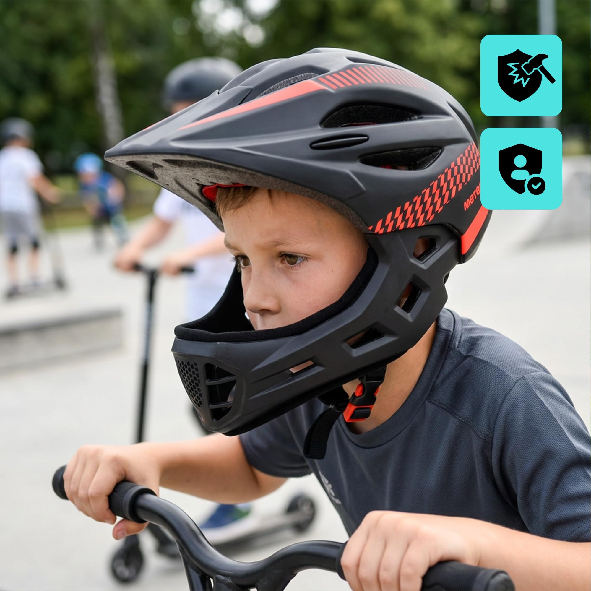 meteor Casque VTT vélo Enfant intégral 2 en 1 Full Face feu LED dès 3 Ans | Lupus casque vélo enfant full face 2 en 1 mentonnière amovible + feu LED - dès 3 ans - EN 1078