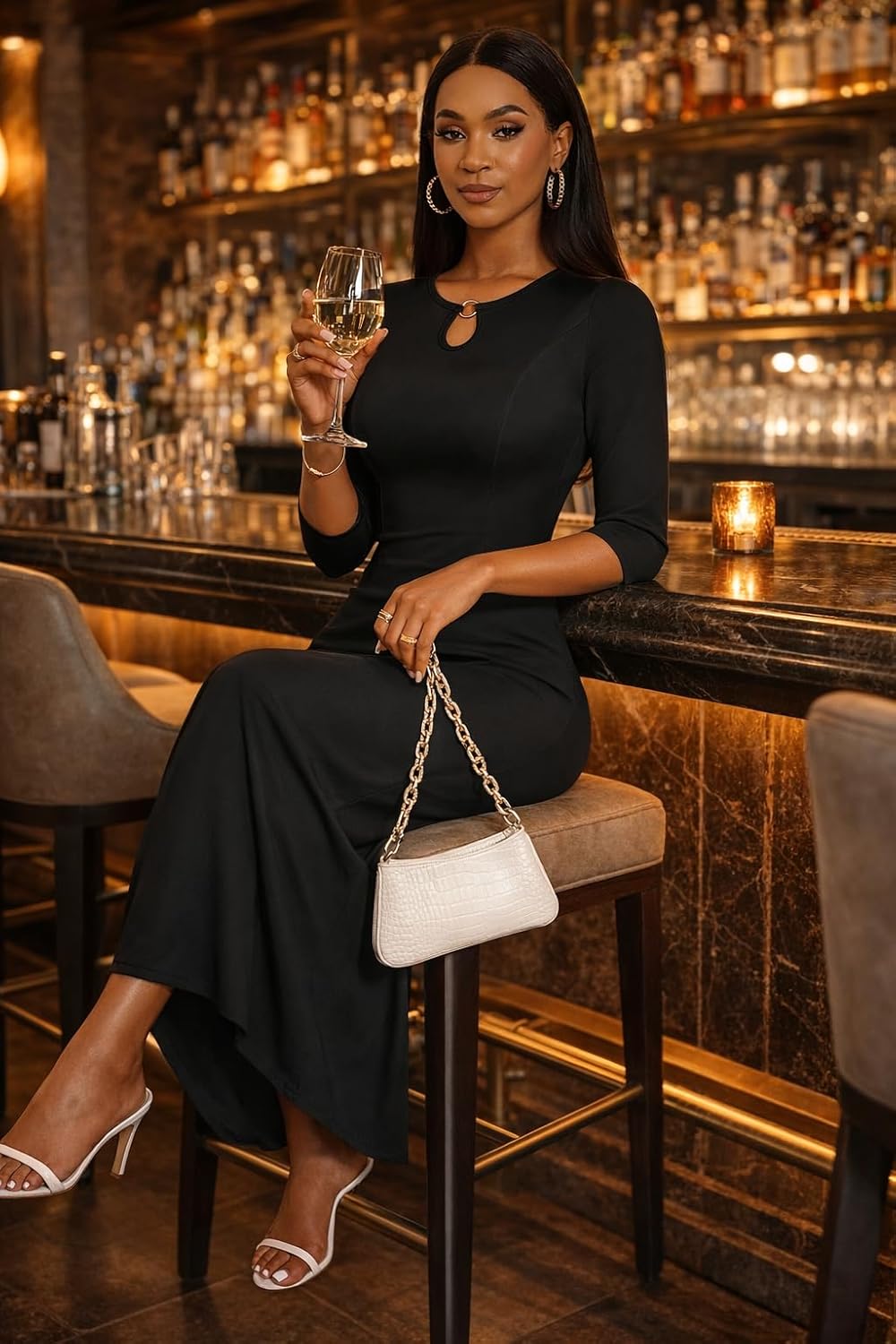 FANDEE Women's Maxi Dress Casual Boho Plain Long Dresses 3/4 Sleeve with Pockets - Image 3