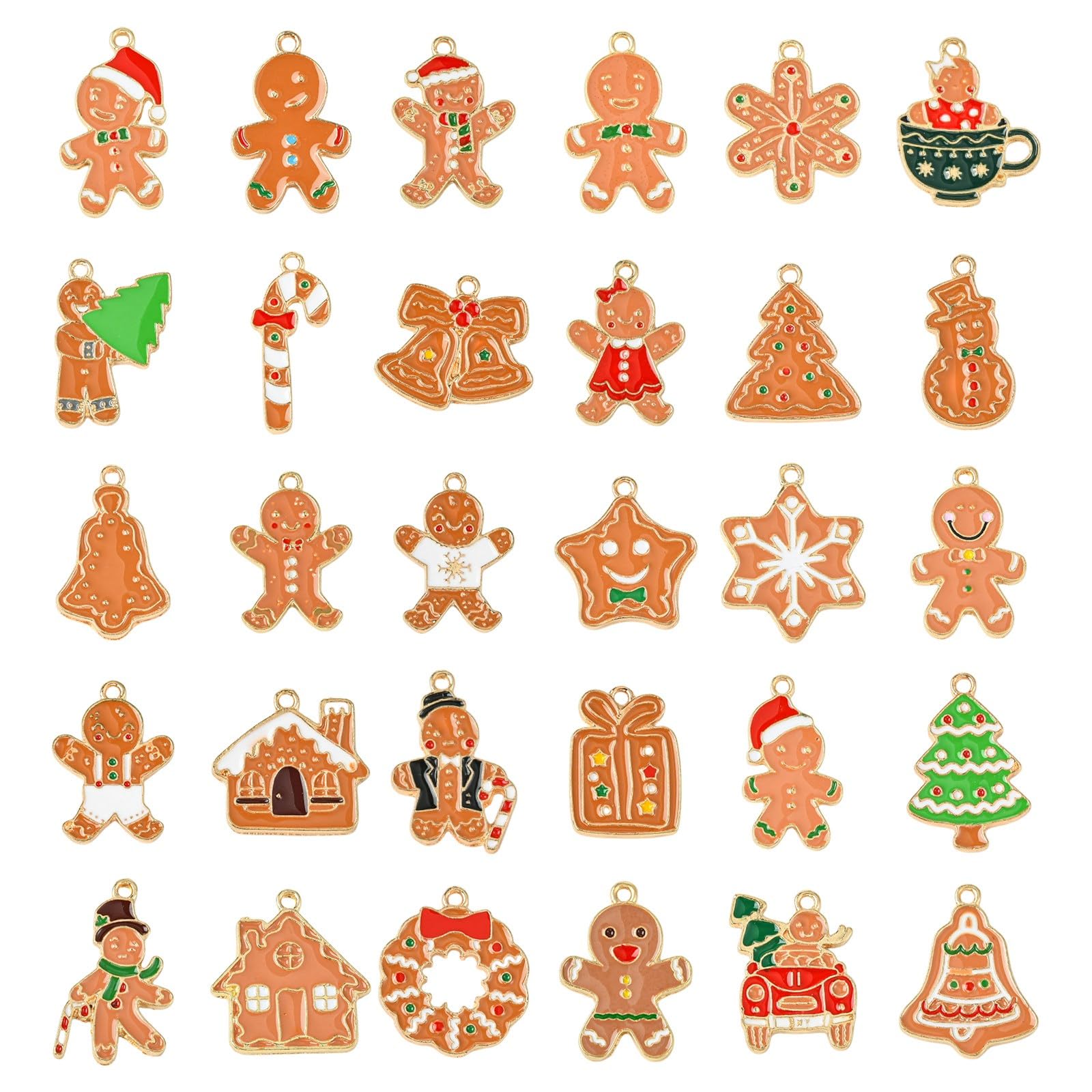 Stiesy 30Pcs 30 Styles Enamel Christmas Charms Christmas Tree Metal Charm Bulk Gingerbread Man House Jewelry Pendant for Xmas Jewellery Making DIY Necklace Bracelet Crafting