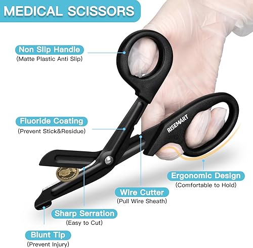 Miniatura 2 de Tijeras de Trauma  RISEMART Tijeras de Vendaje para Enfermeras, Hojas Antiadherentes de Acero Inoxidable Recubiertas de Fluoruro de 7.5", Tijeras de