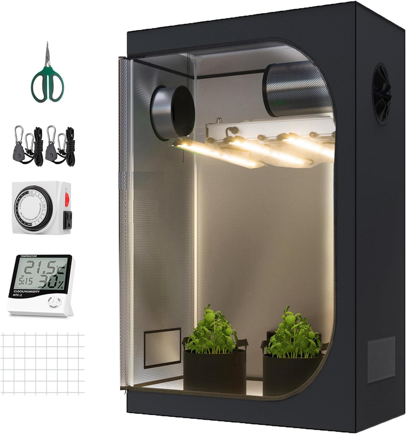 Hydroponic Grow Tent 48"X24"X72" Indoor Plants Growing +Humidity Hygrometer Monitor+Analog Timer + 5X15FT Plant Trellis Netting+ 60mm Pruner Shear+Grow Light Hangers