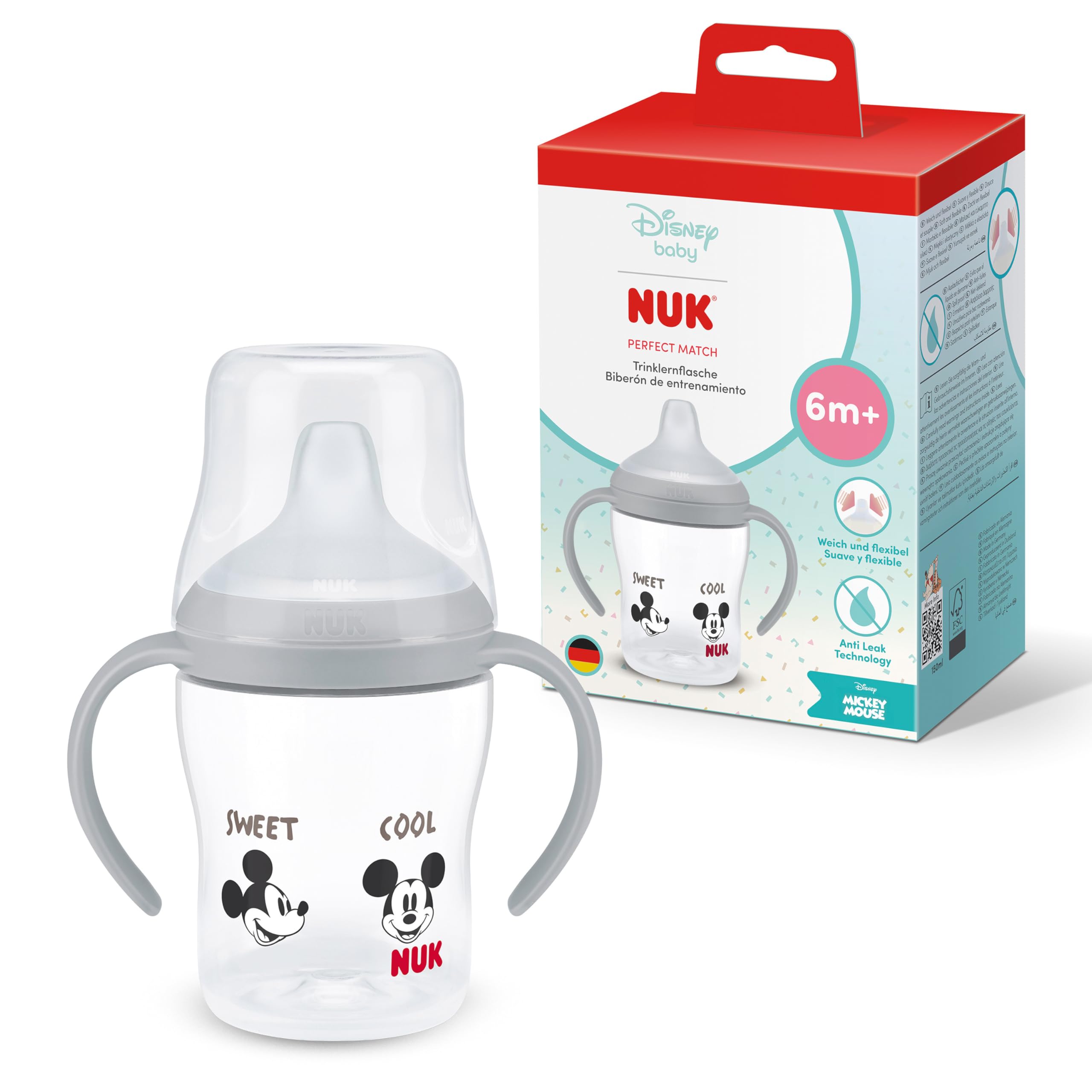 NUK Perfect Match Trinklernflasche | 6+ Monate | 150 ml | Auslaufsicherer Trinklernbecher für Kleinkinder | Anti-Rutsch Griffe | Disney Micky Maus | 1 Stück